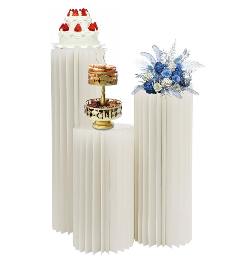 Cylinder Stands for Party,Set of 3, Foldable Cardboard Centerpiece Display,,White Cylinder Stands for Party, Reusable Wedding Decorations, Pedestal Stands for Parties. 3-Size Set - 55-66LBS Load-Bearing Folding Hexagon Displays, Wedding or Birthday Event Deco