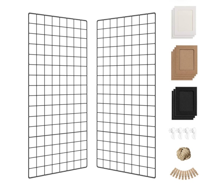 Wall Photo Grid Shelf, Wall Hanging Ins Art Display Grid Panel for Decor & Storage, Metal Wire Notice Boards & Memo Board, Mesh Tool Organiser, Wall Photo Frame 2 Pcs (Black, 15.7 x 31.5 inches)