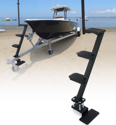 Heavy-Duty Boat Trailer Steps with Safety Grab Handle, Non-Slip Surface, Trailers Tongue Step Compatible with Most Deep V, Patent Pending, 4 Steps