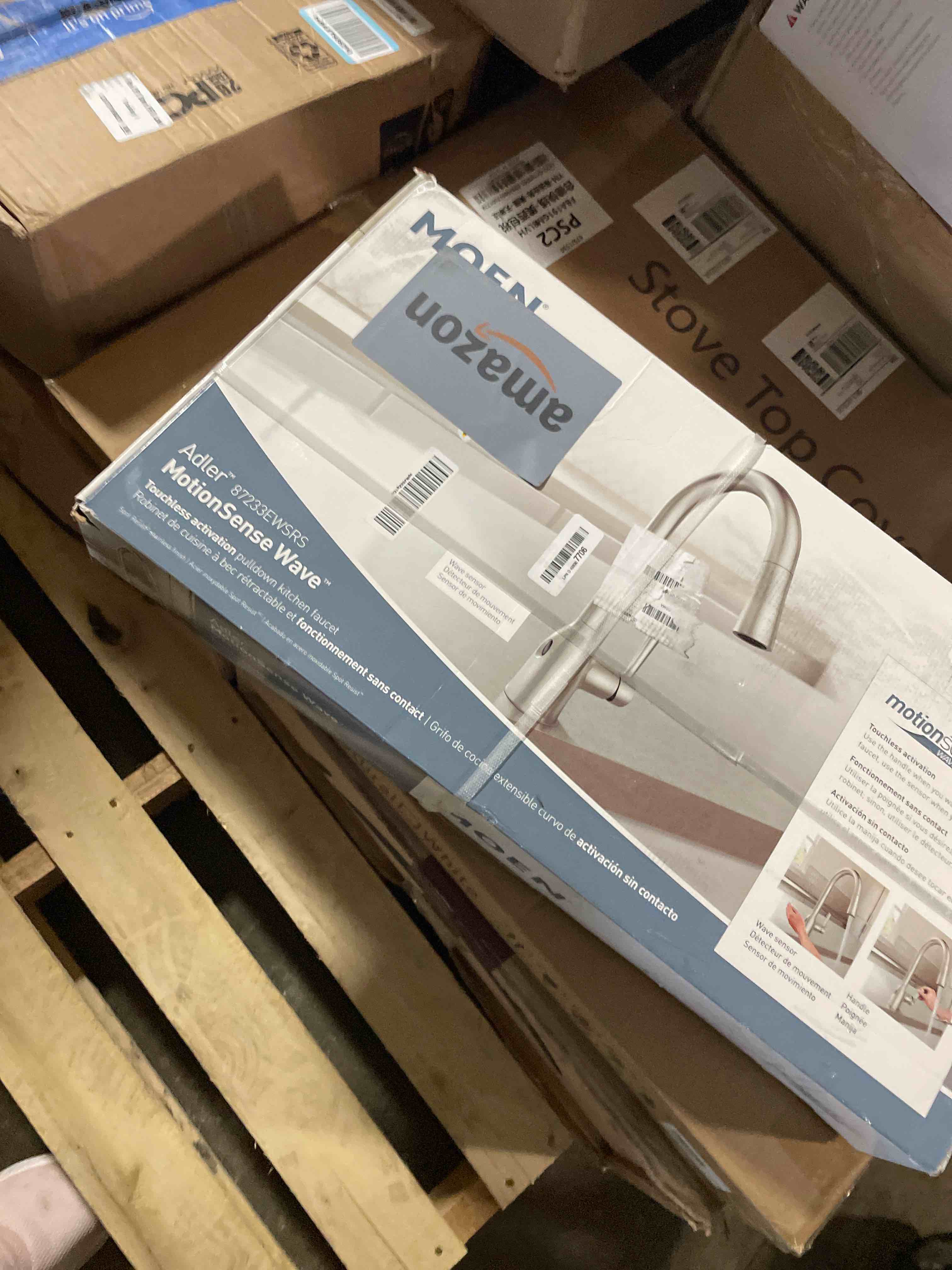 Condition photo showing Good Condition for Moen Adler Spot Resist Stainless One-Handle High Arc Pulldown Kitchen Faucet with Power Clean, 87233SRS Spot Resist Stainless Standard