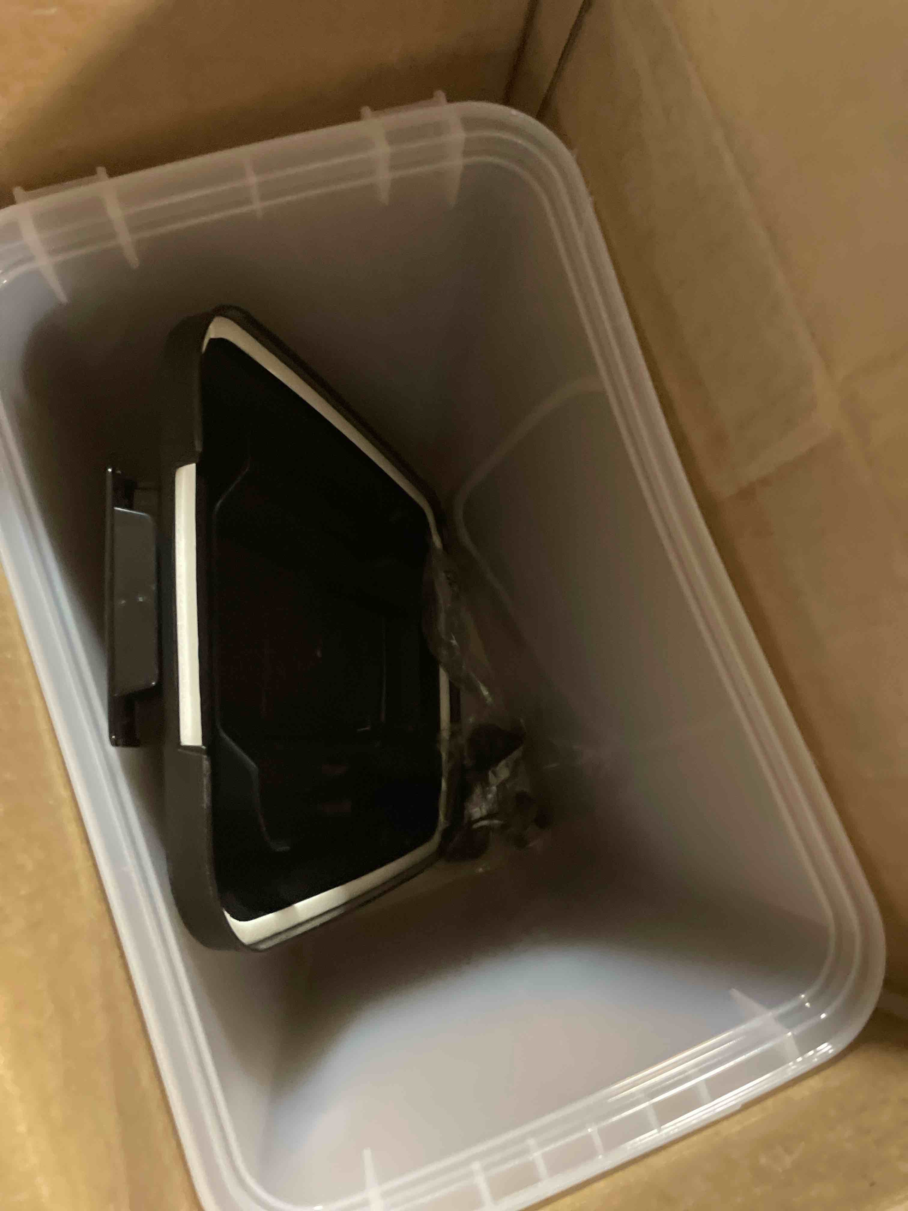 Condition photo showing Good Condition for IRIS USA Airtight Dog Food Storage Container with 2-Cup Scoop and Slow Feeder Bowl Combo, Up to 30 lbs Pet Food Bin with Attachable Wheels, Anti-Slip Short Snouted Bowl, Easy to Clean, BPA Free, Black