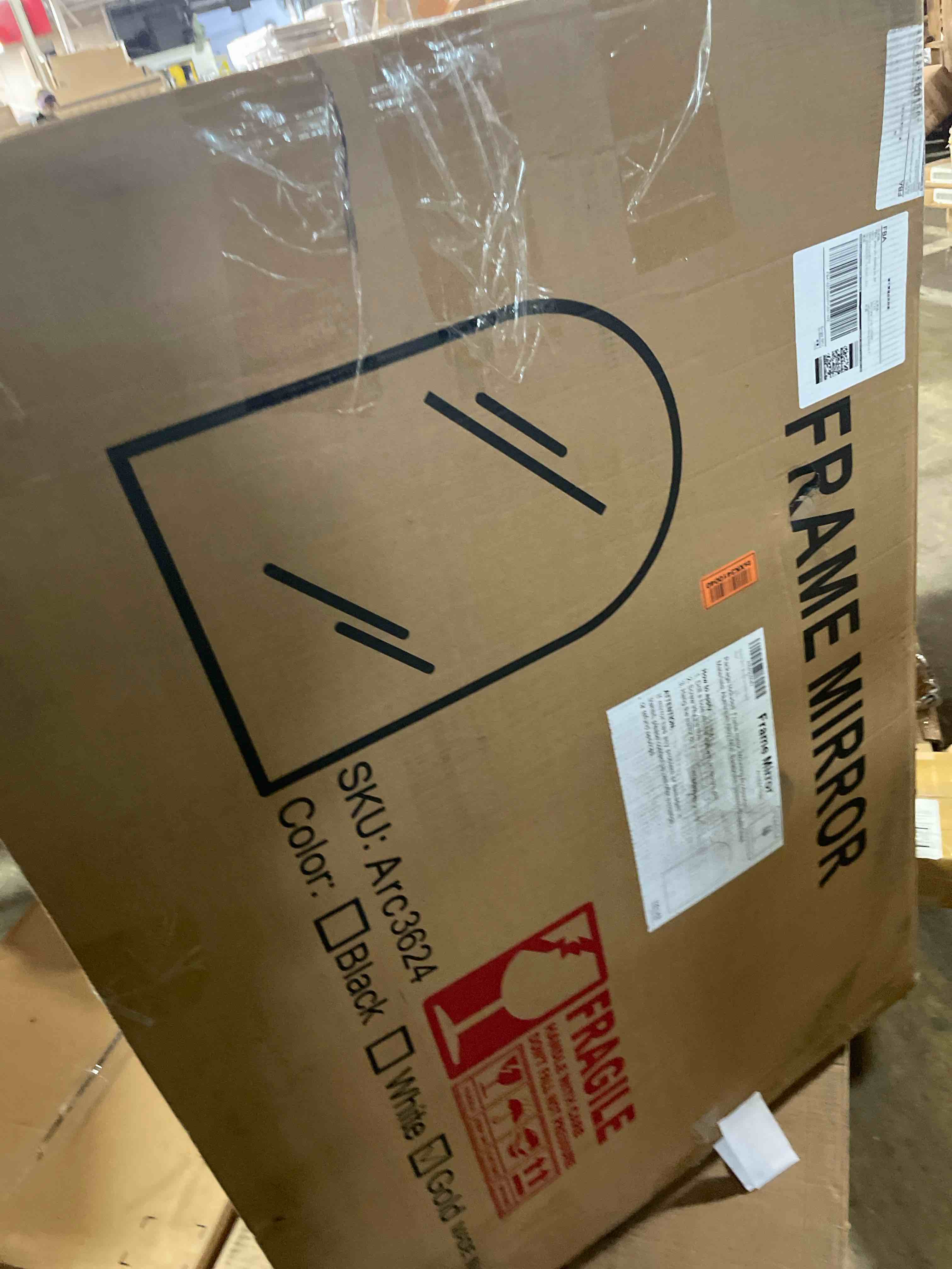 Condition photo showing Good Condition for VooBang Wide Arched Wall Mirror, 31 x 32 inch Arch Bathroom Mirror, Wall Mounted Vanity Mirror with Arch Metal Frame, Modern Bathroom Vanity Mirror for Bedroom, Living Room, Hanging or Leaning, Gold Gold 32"L x 31"W