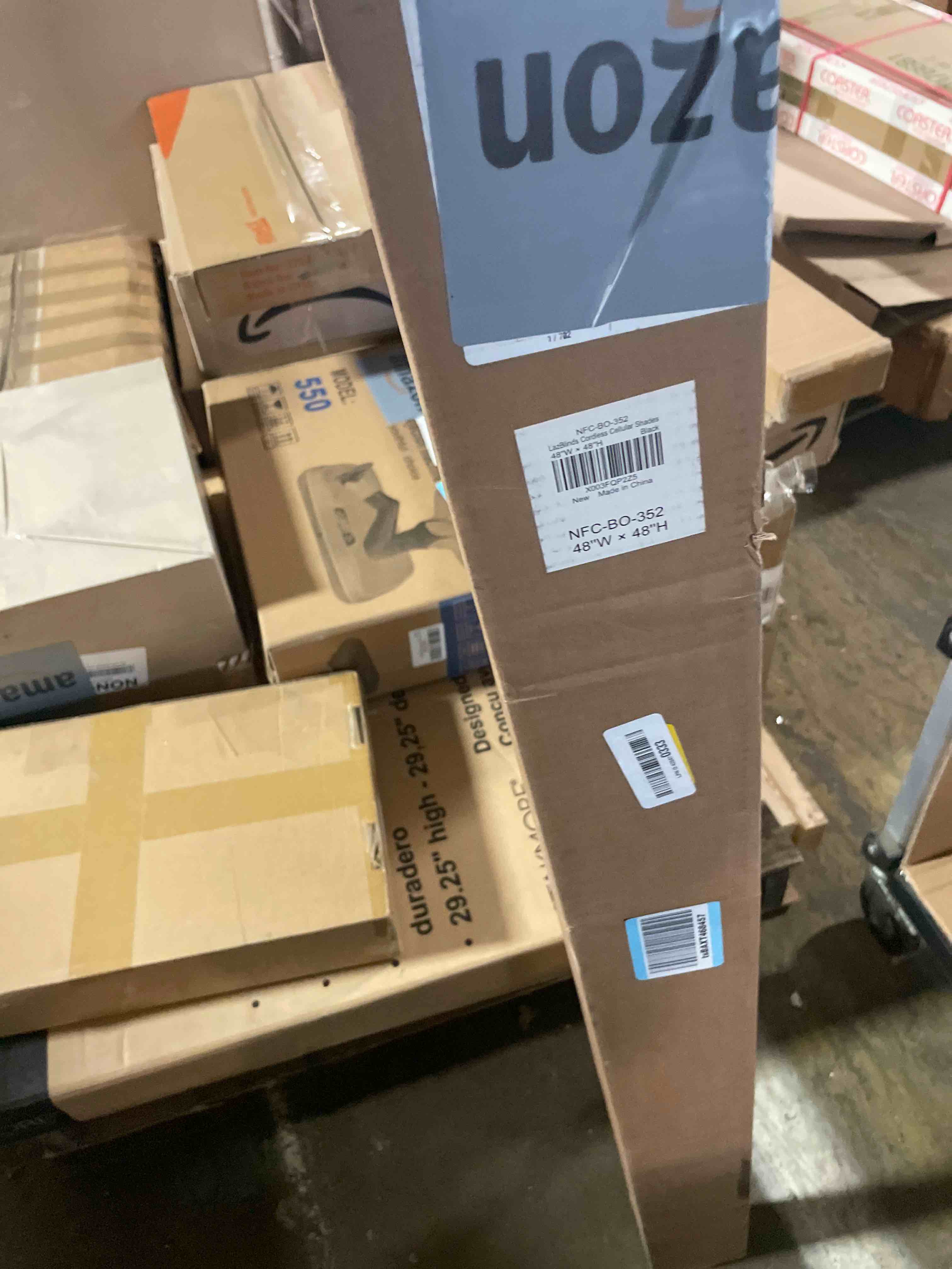 Condition photo showing New/Like New for LazBlinds Cordless Cellular Shades, No Tools No Drill Blackout Honeycomb Shades Pleated Blinds for Windows, 48'' W x 48'' H, Midnight Black Blackout-midnight Black 48'' W x 48'' H