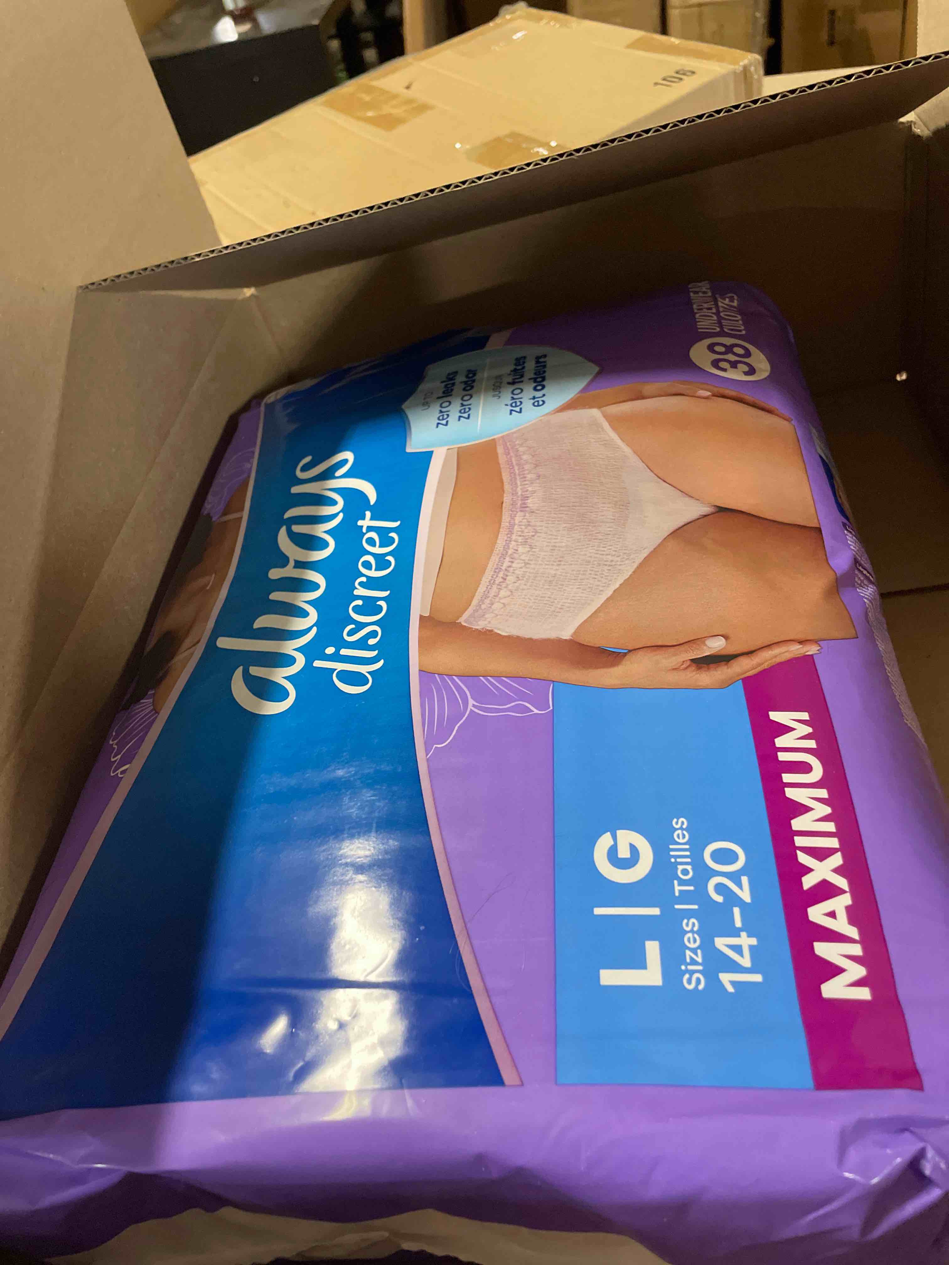 Condition photo showing New/Like New for (38)Always Discreet Adult Incontinence Underwear for Women and Postpartum Underwear, Large, Up to 100% Bladder Leak Protection, 28 Count Large 28