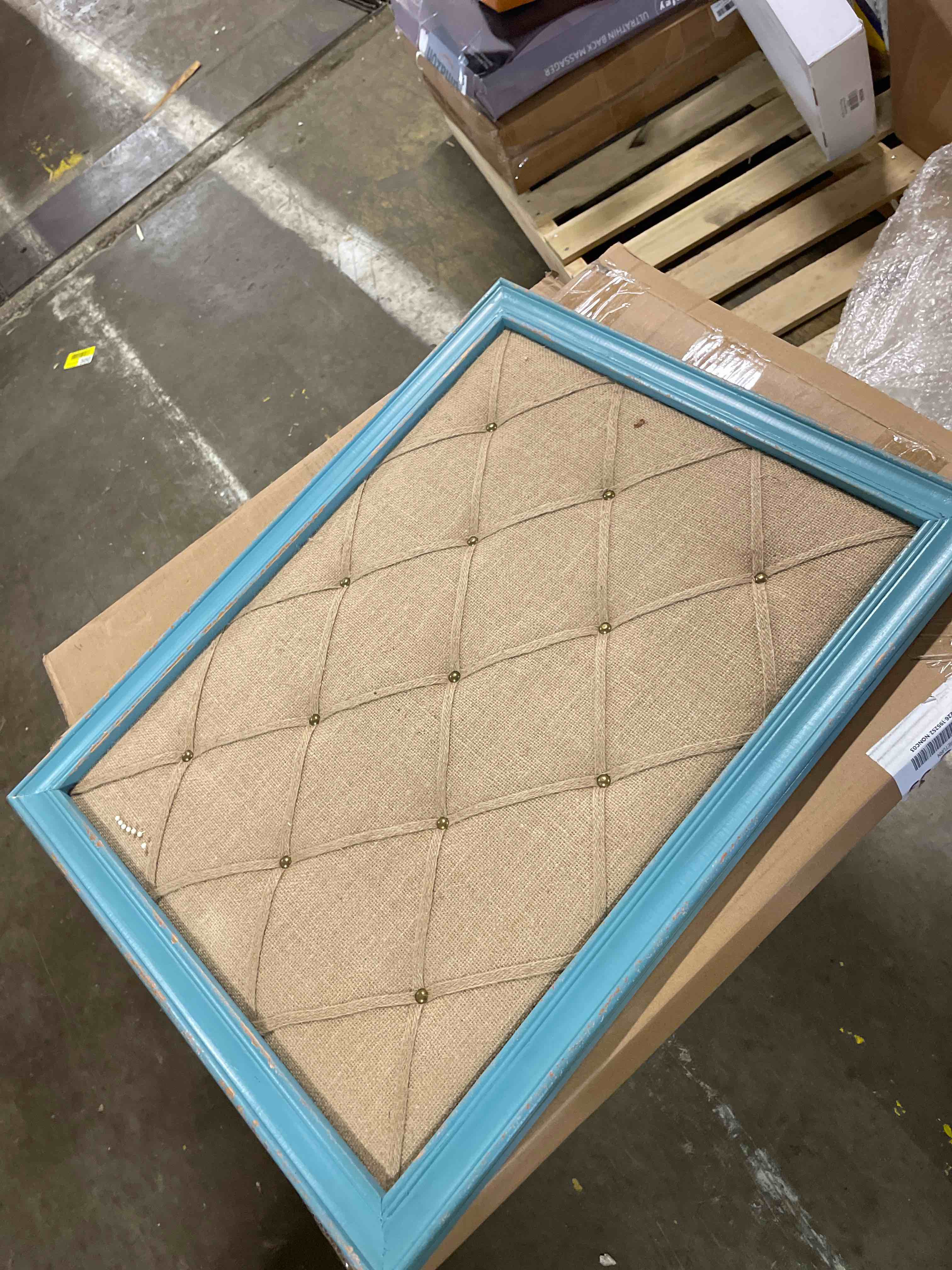 Condition photo showing New/Like New for SOFE Fabric Bulletin Board Memo Board 21"×27", Large Cork Boards for Walls with Rustic Blue Frame, Vision Boards Photo Display Board, Pinboard Wall Organizer, Decorative Note Message Board 20.7"×1"×26.8" Turquoise
