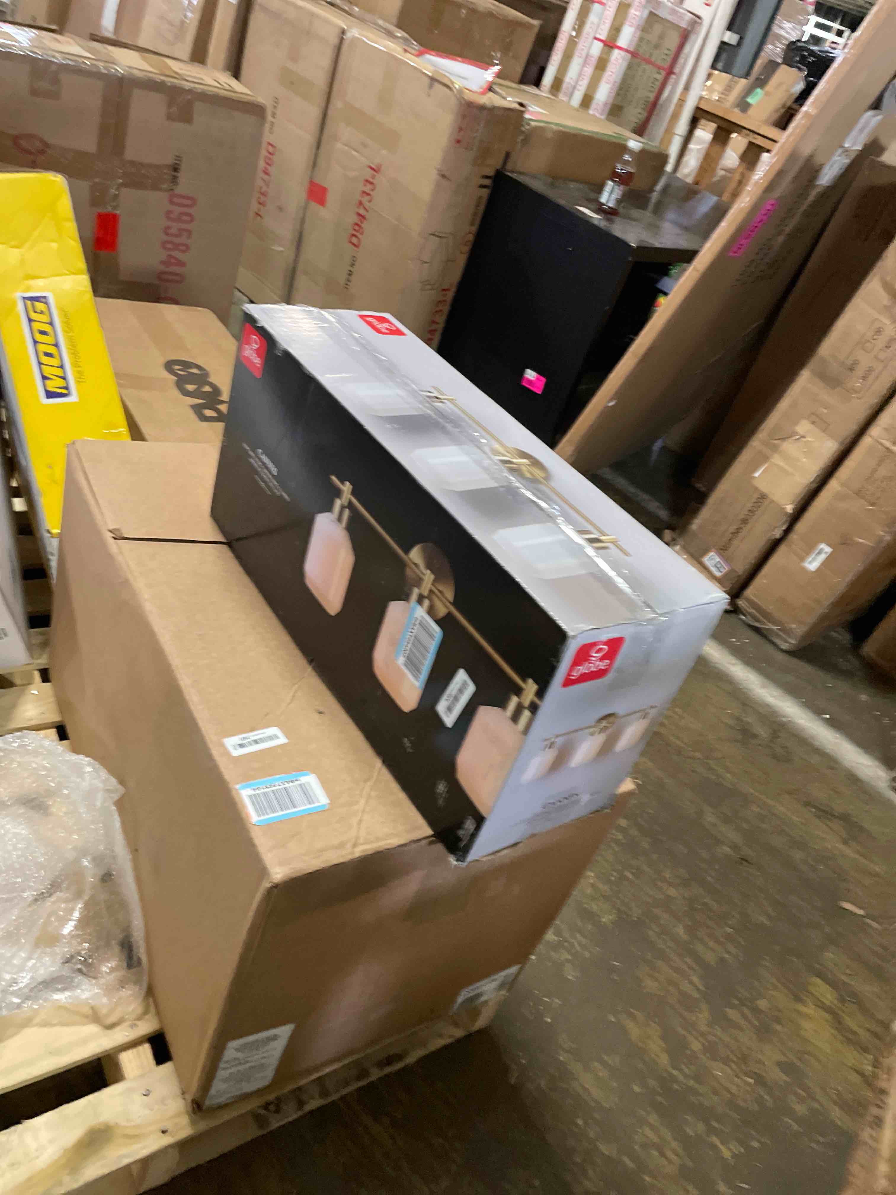 Condition photo showing New/Like New for Globe Electric 51638 3-Light Vanity All-in-One Bathroom Set, 5 Piece Gold Finish