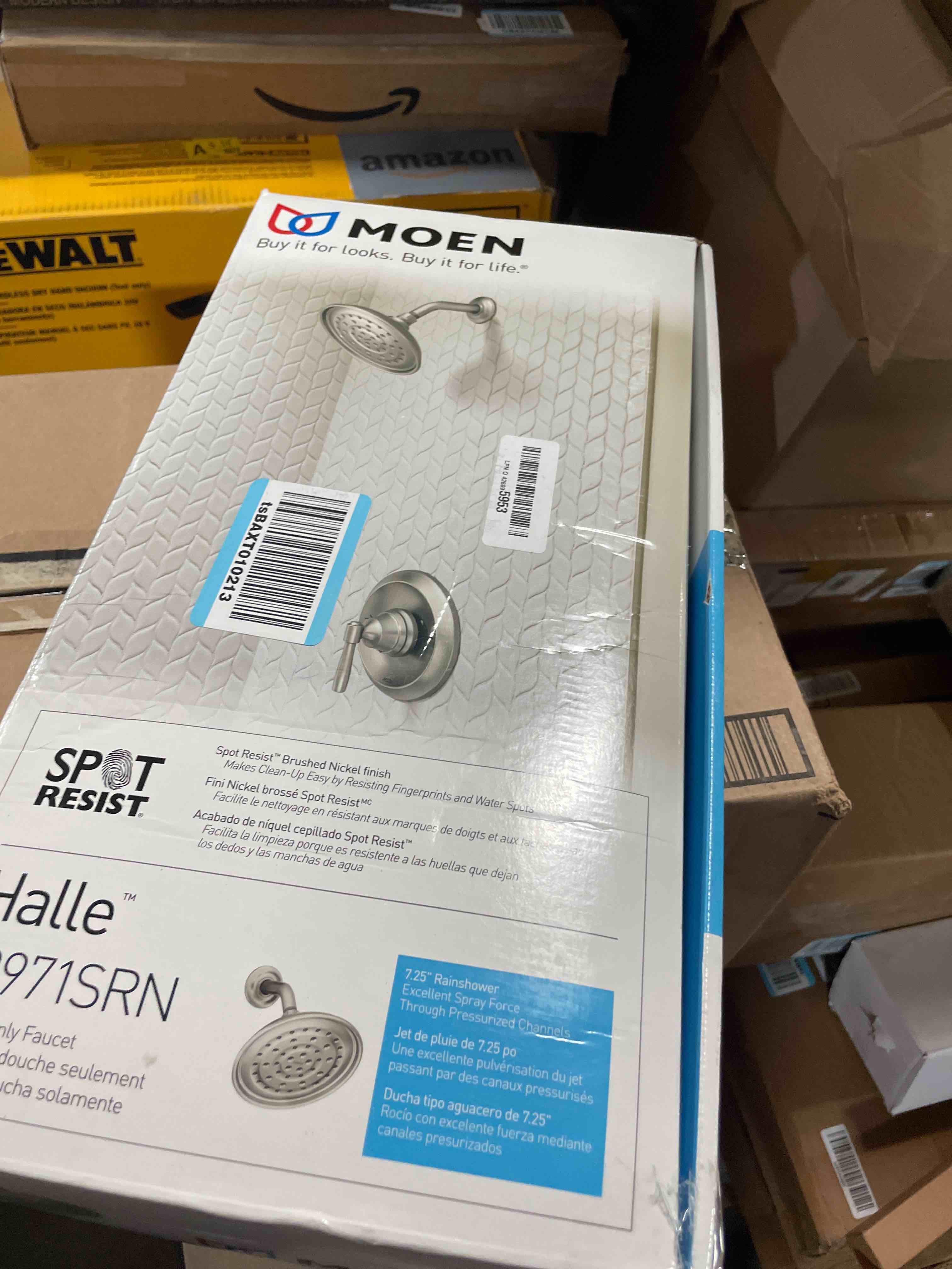 Condition photo showing Good Condition for Moen Halle Spot Resist Brushed Nickel Shower Faucet Trim Set featuring Wide Showerhead and Lever Handle with Posi-Temp Valve Included, 82971SRN Shower and Handle
