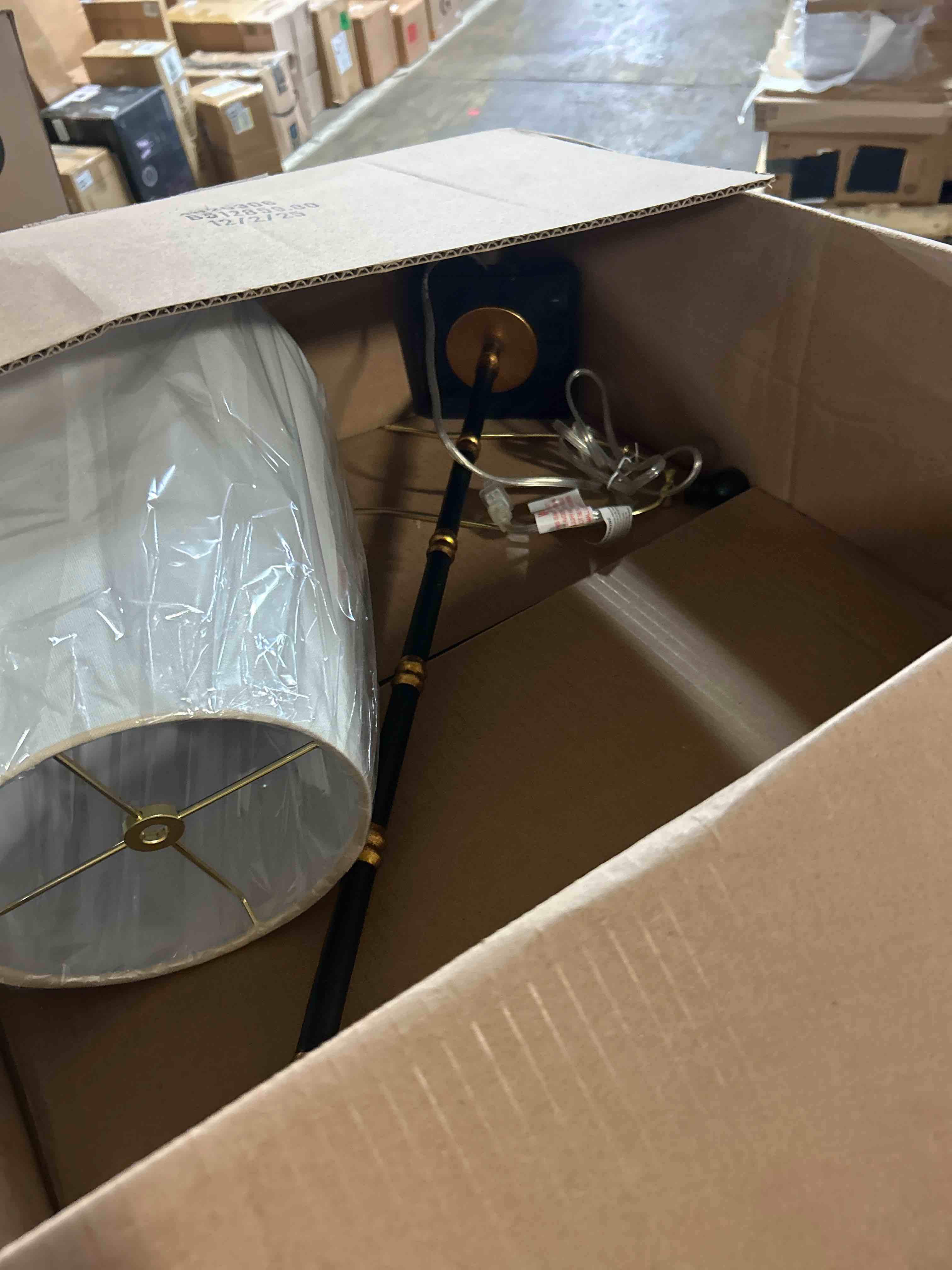 Condition photo showing As Is for Henn&Hart 25" Tall 2-Light Table Lamp with Fabric Shade in Black/Brass/White, Lamp, Desk Lamp for Home or Office Table Lamp Black/Brass(similar light)