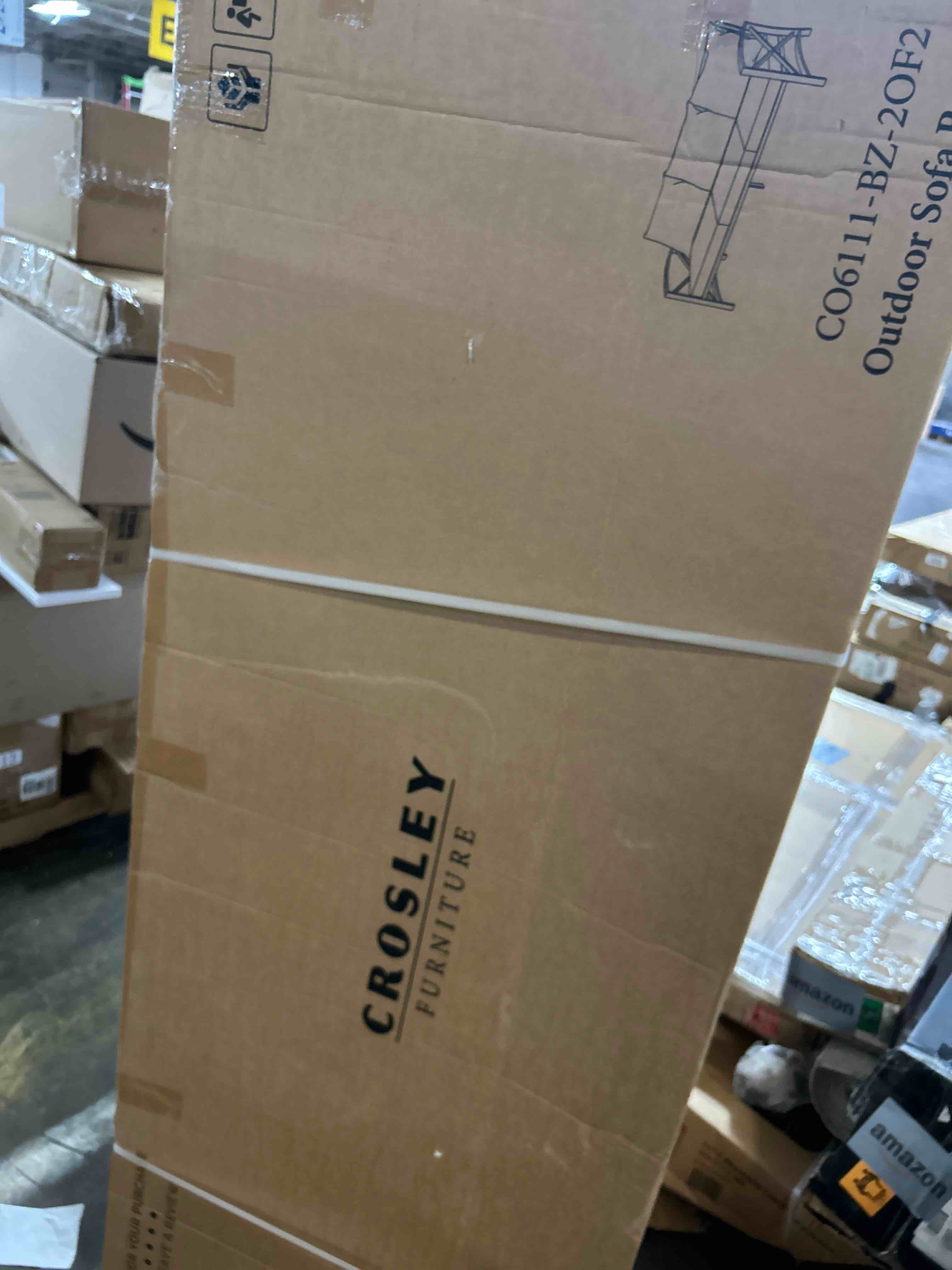 Condition photo showing As Is for Crosley Furniture Kaplan Outdoor Metal Sofa, Oiled Bronze with Oatmeal Cushions(Box 2 only)