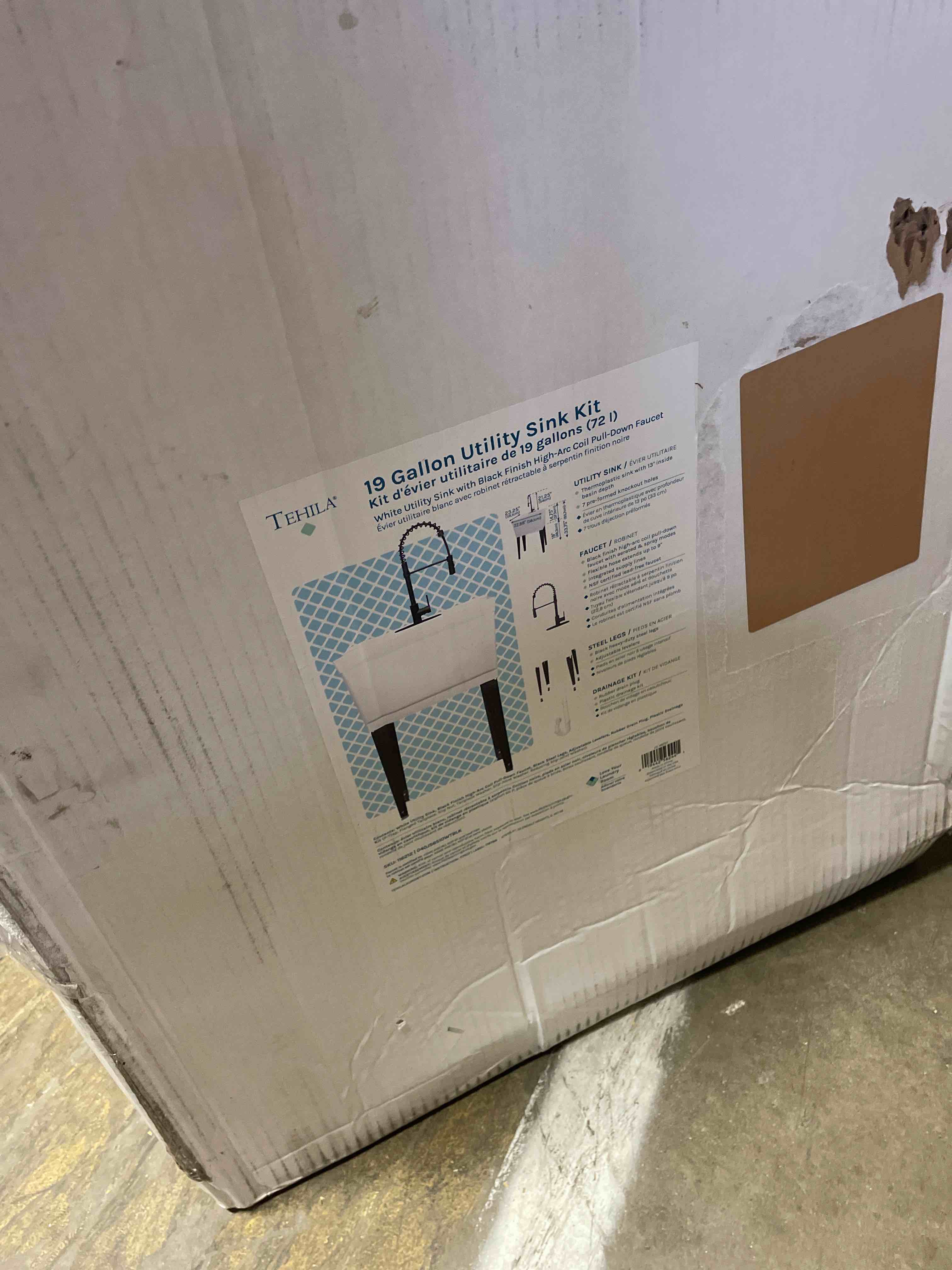 Condition photo showing New/Like New for Utility Sink Extra-Deep Laundry Tub in White with High-Arc Coil Pull-Down Sprayer Faucet in Matte Black, Integrated Supply Lines, P-Trap Kit, Heavy Duty Floor Mounted Freestanding Wash Station