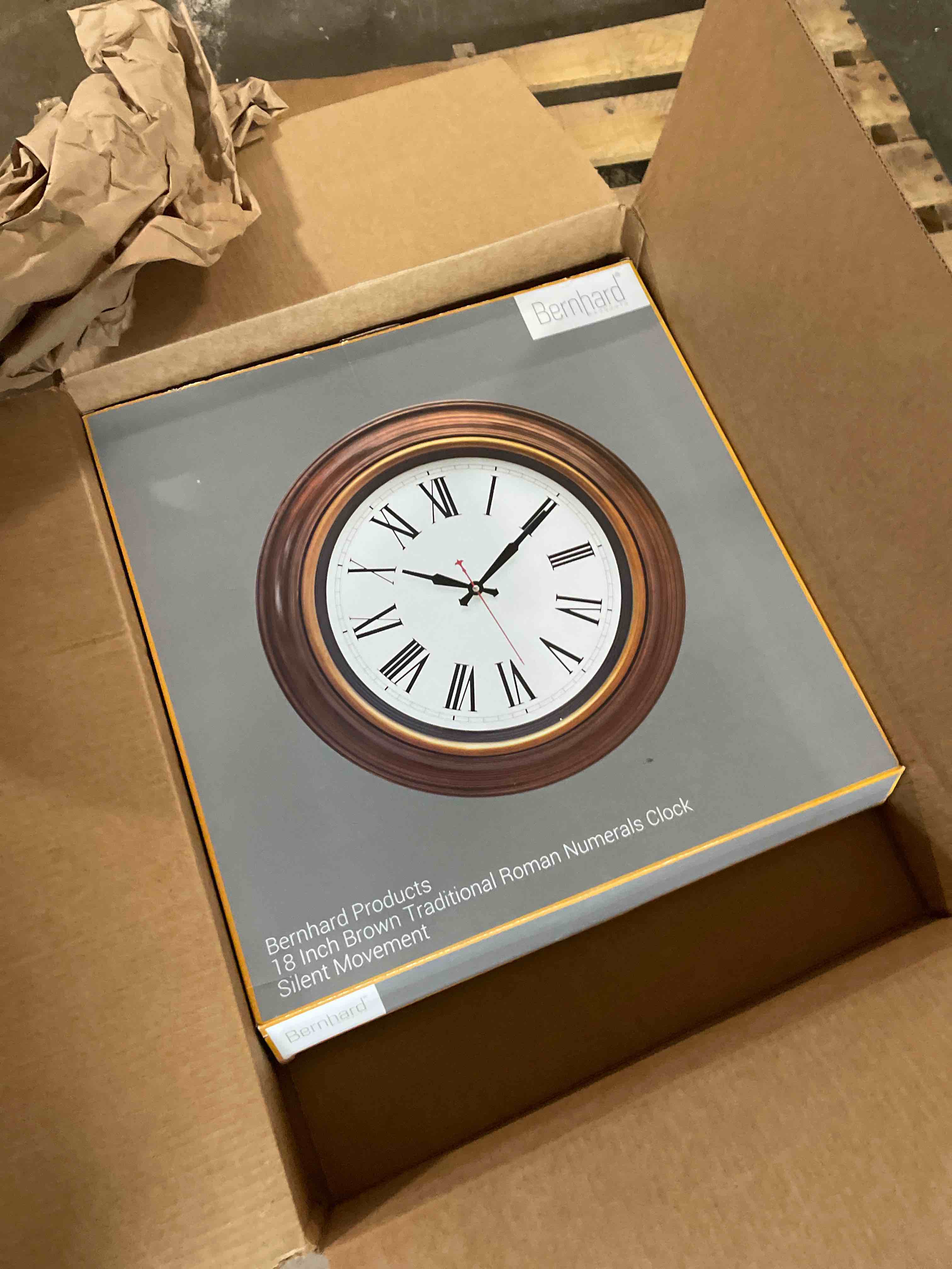 Condition photo showing Good Condition for Bernhard Products Extra Large Wall Clock 18 Inch Quality Quartz Silent Non Ticking, Battery Operated for Home/Living Room/Over Fireplace Beautiful Decorative Roman Numeral Stylish Clock, Light Brown