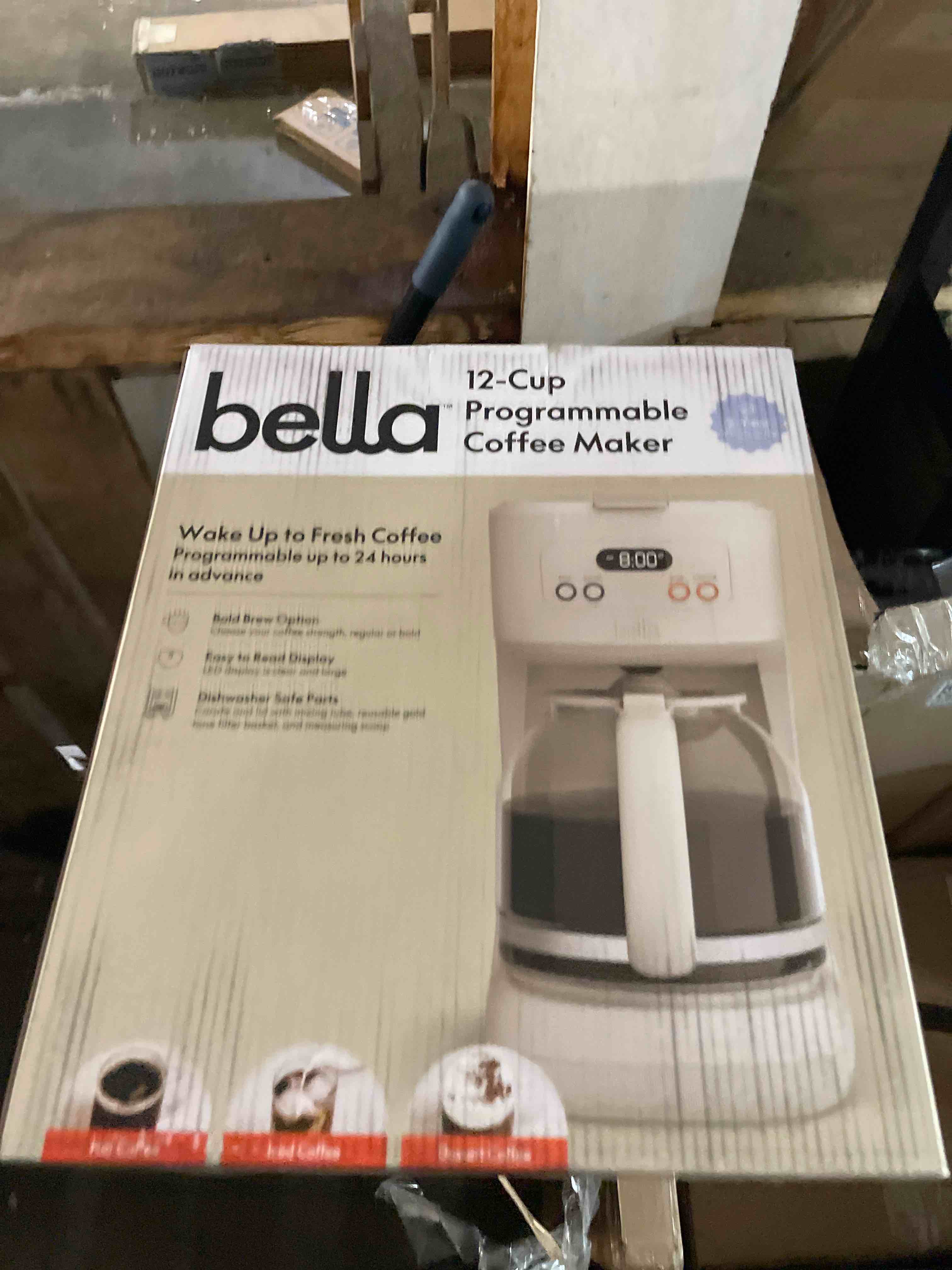 Condition photo showing New/Like New for BELLA 12 Cup Programmable Coffee Marker, Reusable Dishwasher Safe Accessories, Easy LCD diaply, Auto Shutoff, 900 watt, Oatmilk