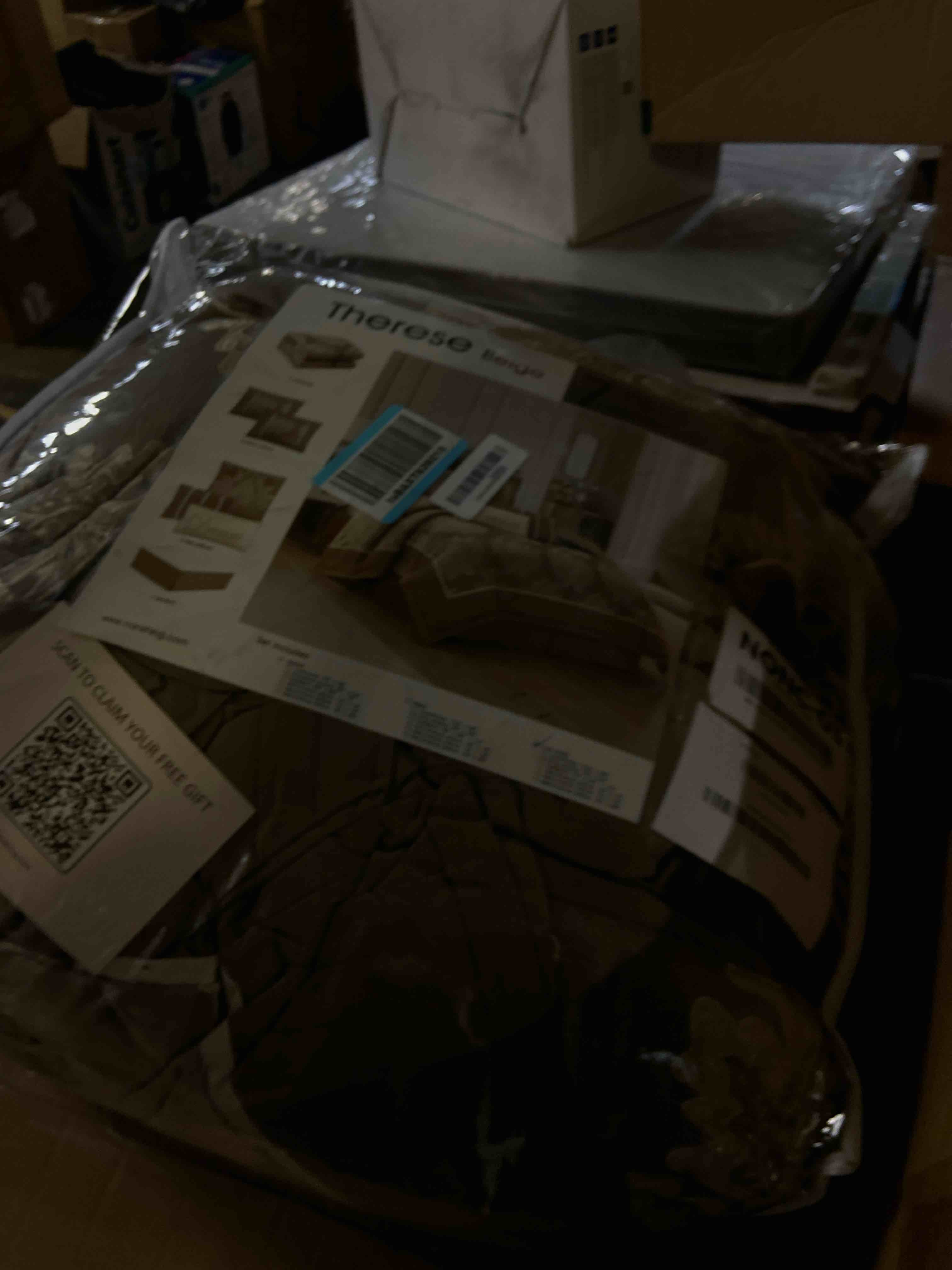 Condition photo showing New/Like New for Beige California King Comforter Set 7 Pieces, Jacquard Woven with Damask, Bedding Set in a Bag Includes Comforter, Bed Skirt, Pillow Shams, and Decorative Pillows