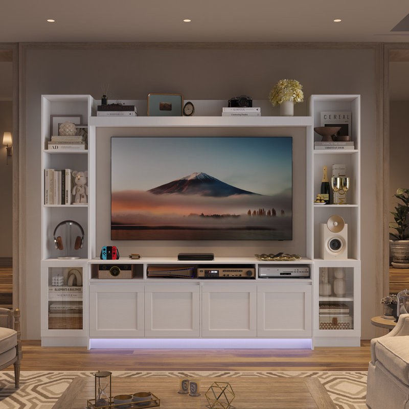 79'' W Entertainment Center For Tvs Up To 65", Wall Unit TV Stand With Bookshelves and Led Light, White (Box 2/2 missing box 1/2)