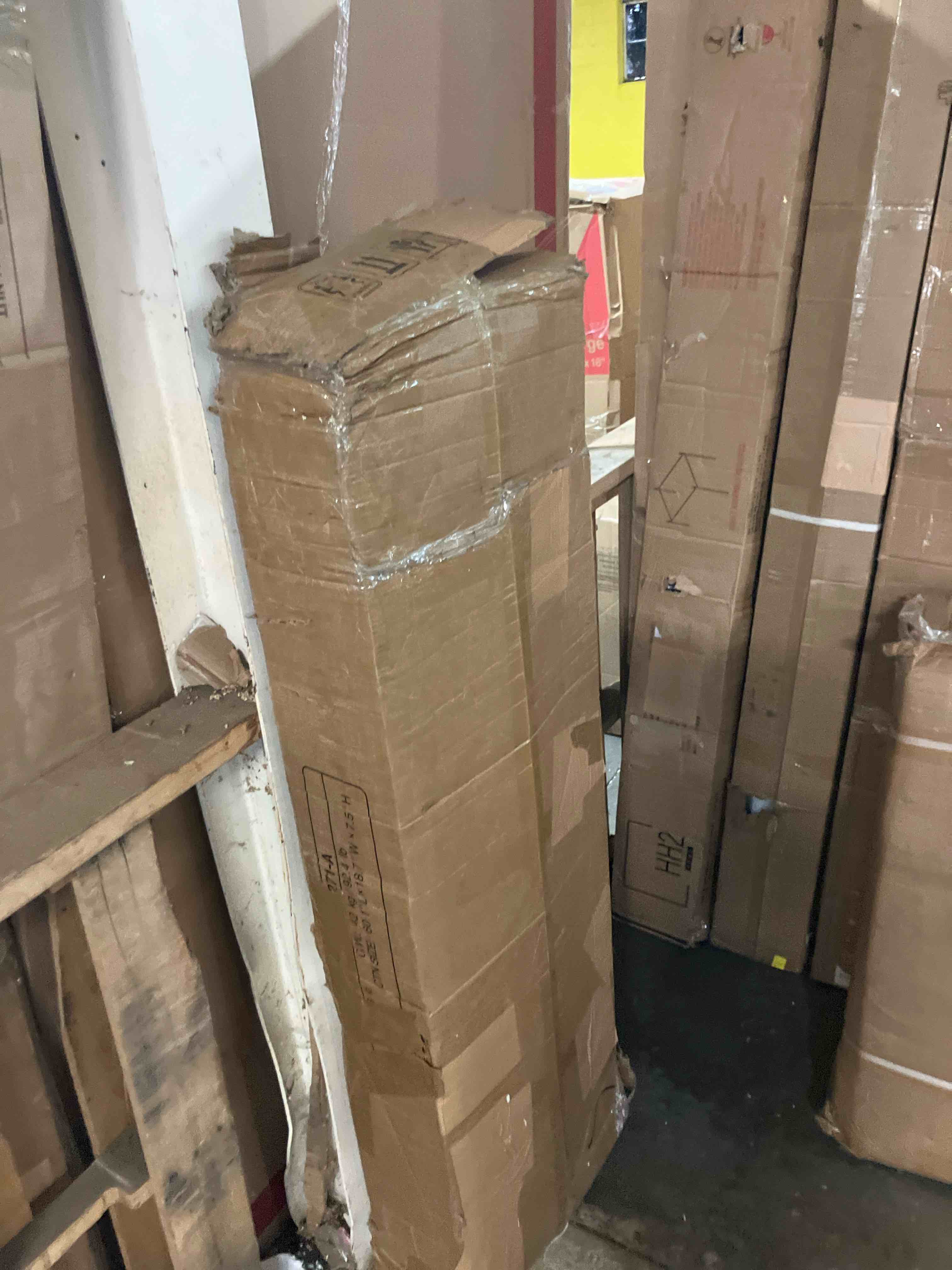 Condition photo showing As Is for 85.8" L-Shaped Executive Desk with File Drawers (Incomplete box A missing box B)