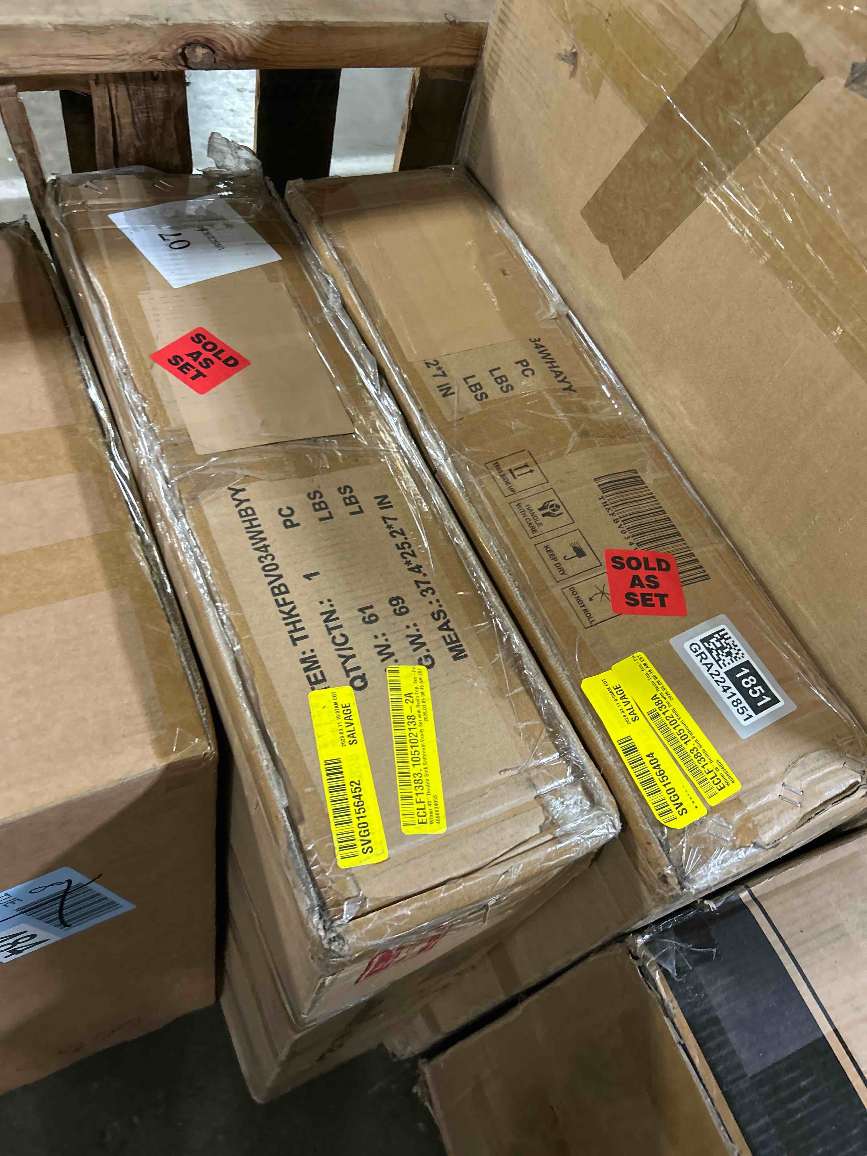 Condition photo showing As Is for Wimer 48" Double Sink Bathroom Vanity Set with Resin Top,(top not included incomplete )(Box A and 2A only)