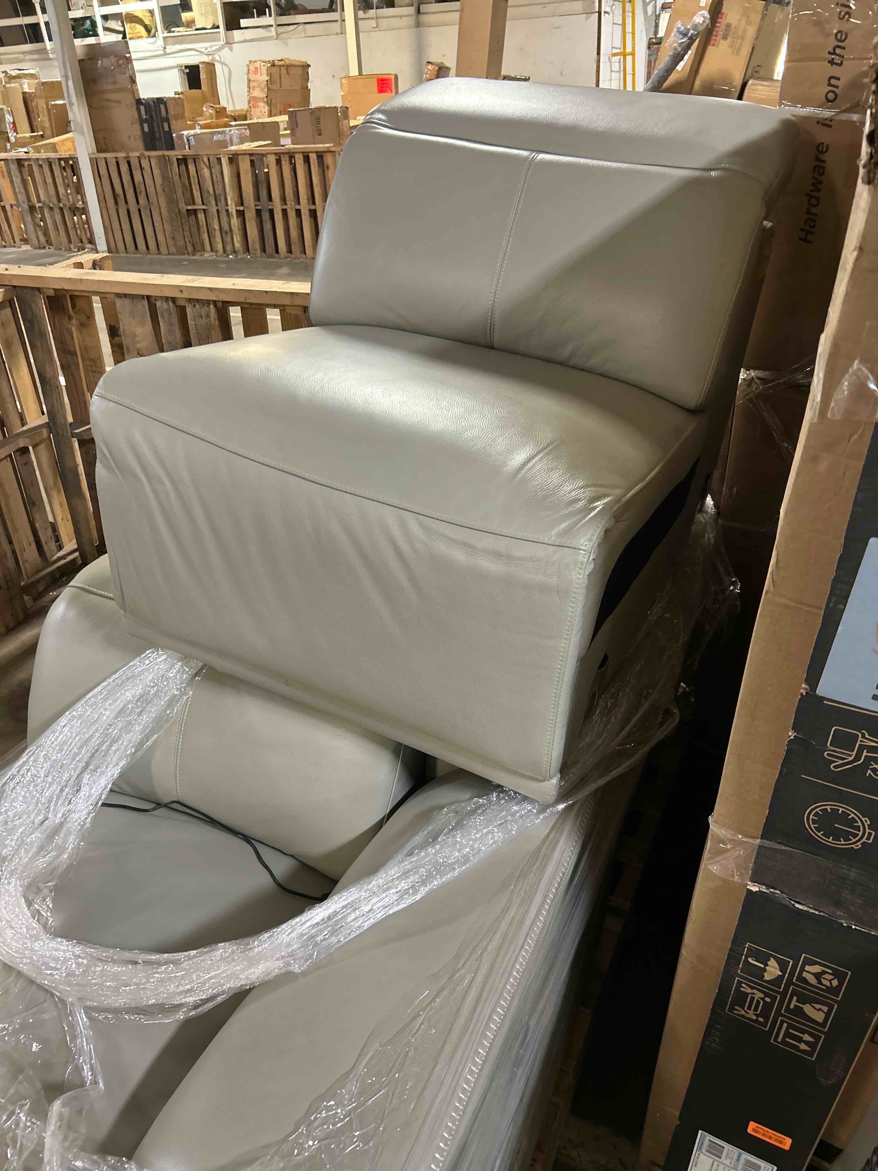 Condition photo showing As Is for Blackjack Furniture Ibero 6-Piece Top Grain Italian Leather Sectional Reclining Sofa Set with 3 Power Recliners, Adjustable Headrests, USB and Wireless Phone Charger, and Console Storage, Light Gray(Incomplete pieces to sectional only)
