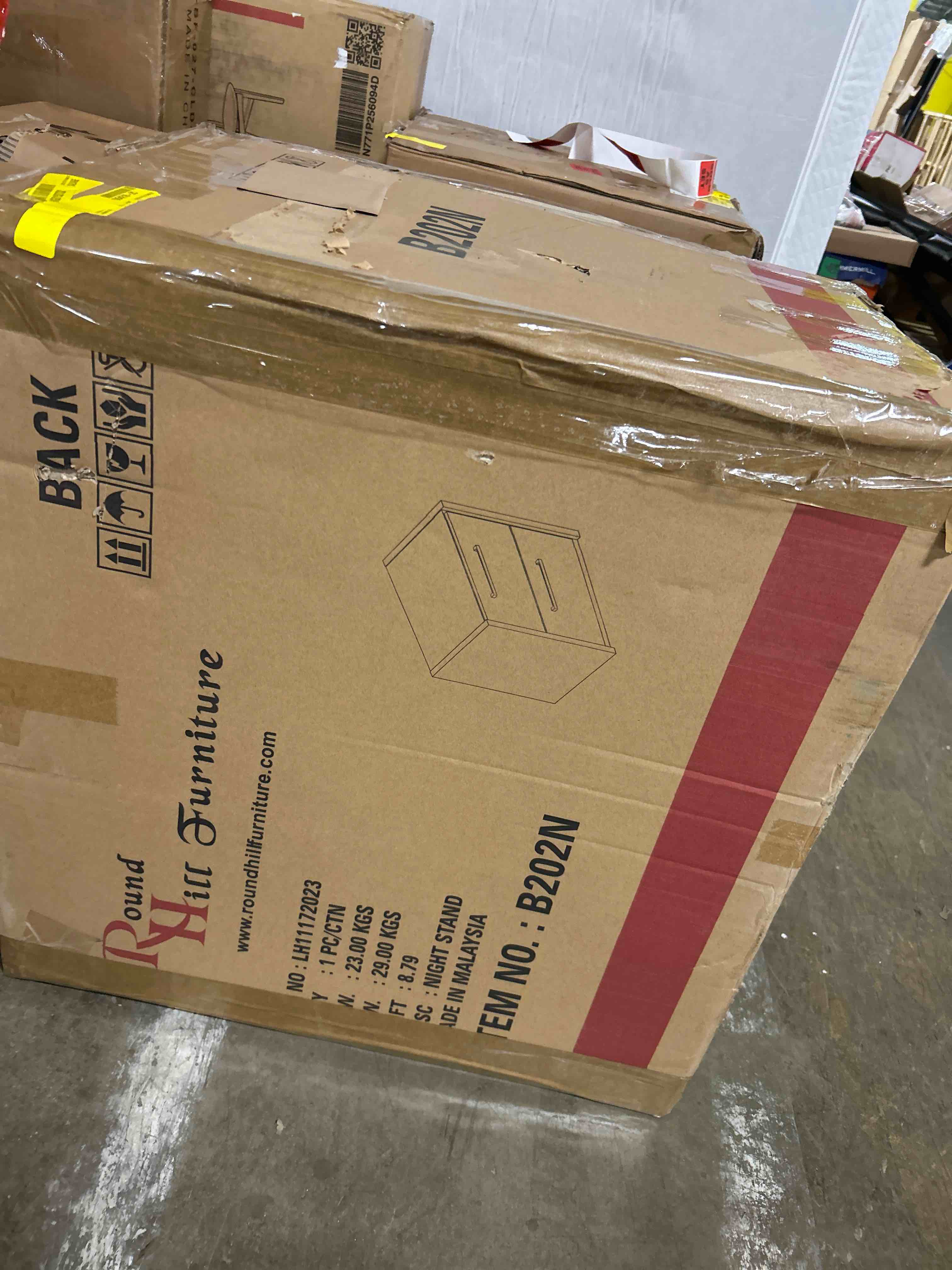 Condition photo showing As Is for Roundhill Furniture Floren Contemporary Weathered Gray Wood Two-Drawer Nightstand(Similar nightstand )