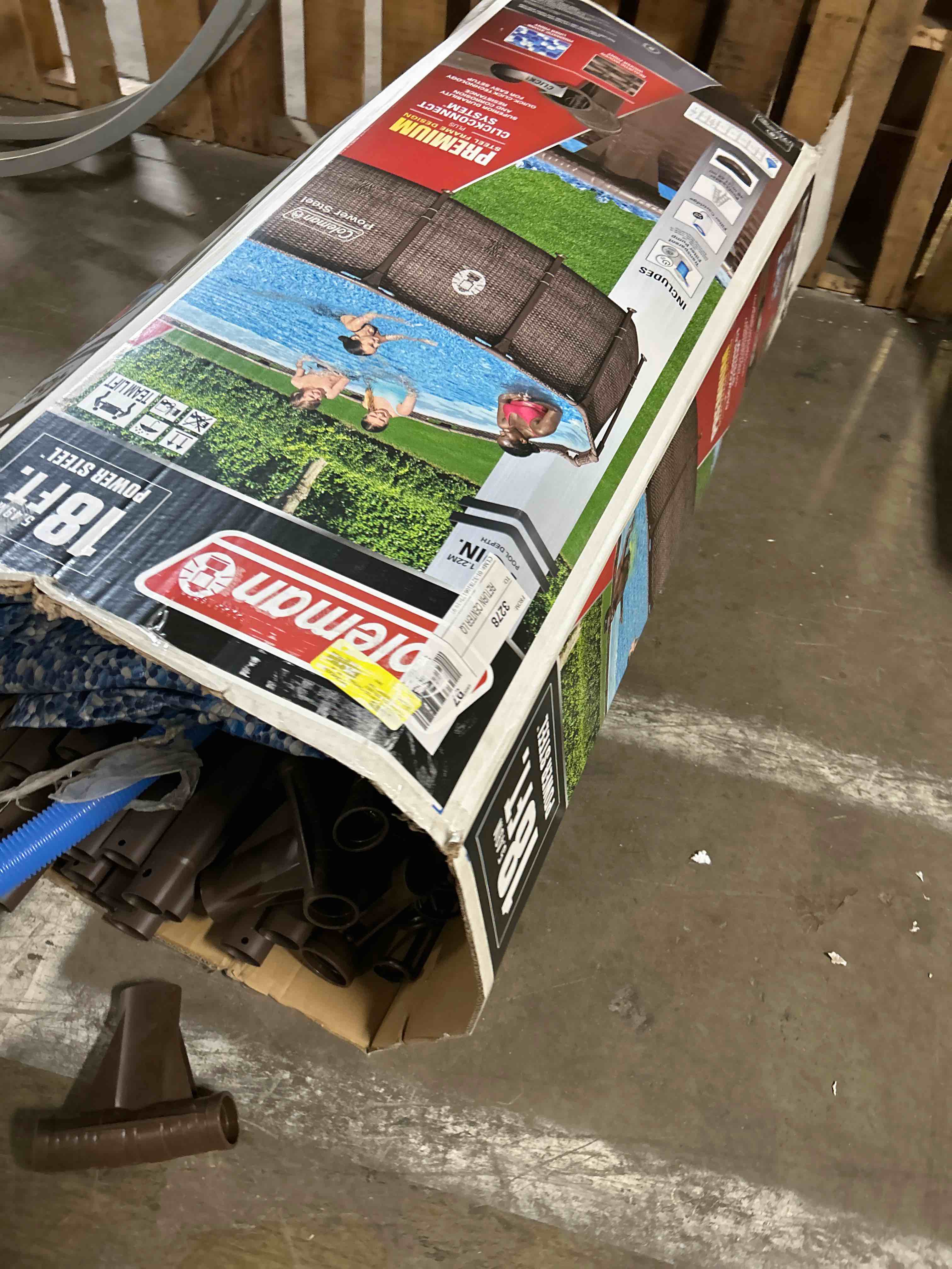 Condition photo showing As Is for Coleman Power Steel 18 ft. x 48 in. Round Metal Frame Above Ground Pool Set(box has been opened)