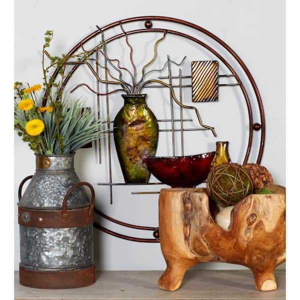24 in. x 1 in. Metal Multi Colored Abstract Wall Decor with Vase Details