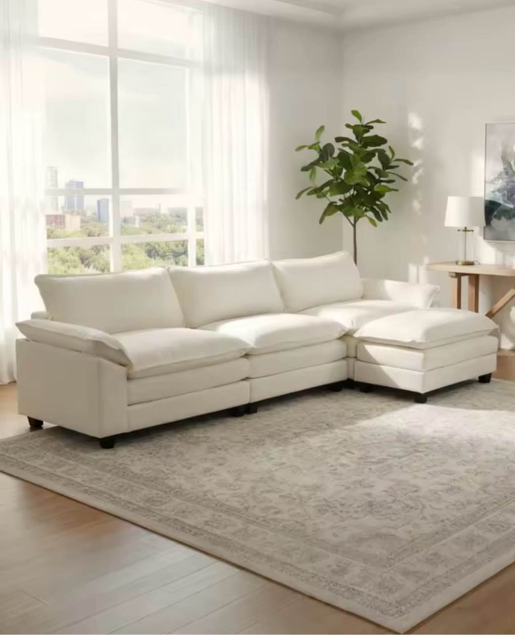 Karl home Sectional Sofa Modular Deep 3-Seat Sofa Couch with Ottoman, Chenille Sofa Sleeper Comfy Upholstered Furniture for Living Room, Apartment, Studio, Office, Beige