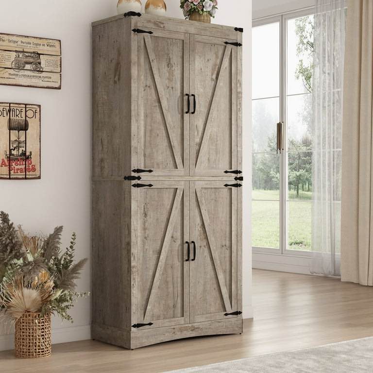 71" tall farmhouse kitchen pantry cabinet, 5 layers storage cabinet with adjustable shelves, farmhouse pantry cabinet with 4 barn doors for kitchen, dining room, bathroom, living room, rustic oak
