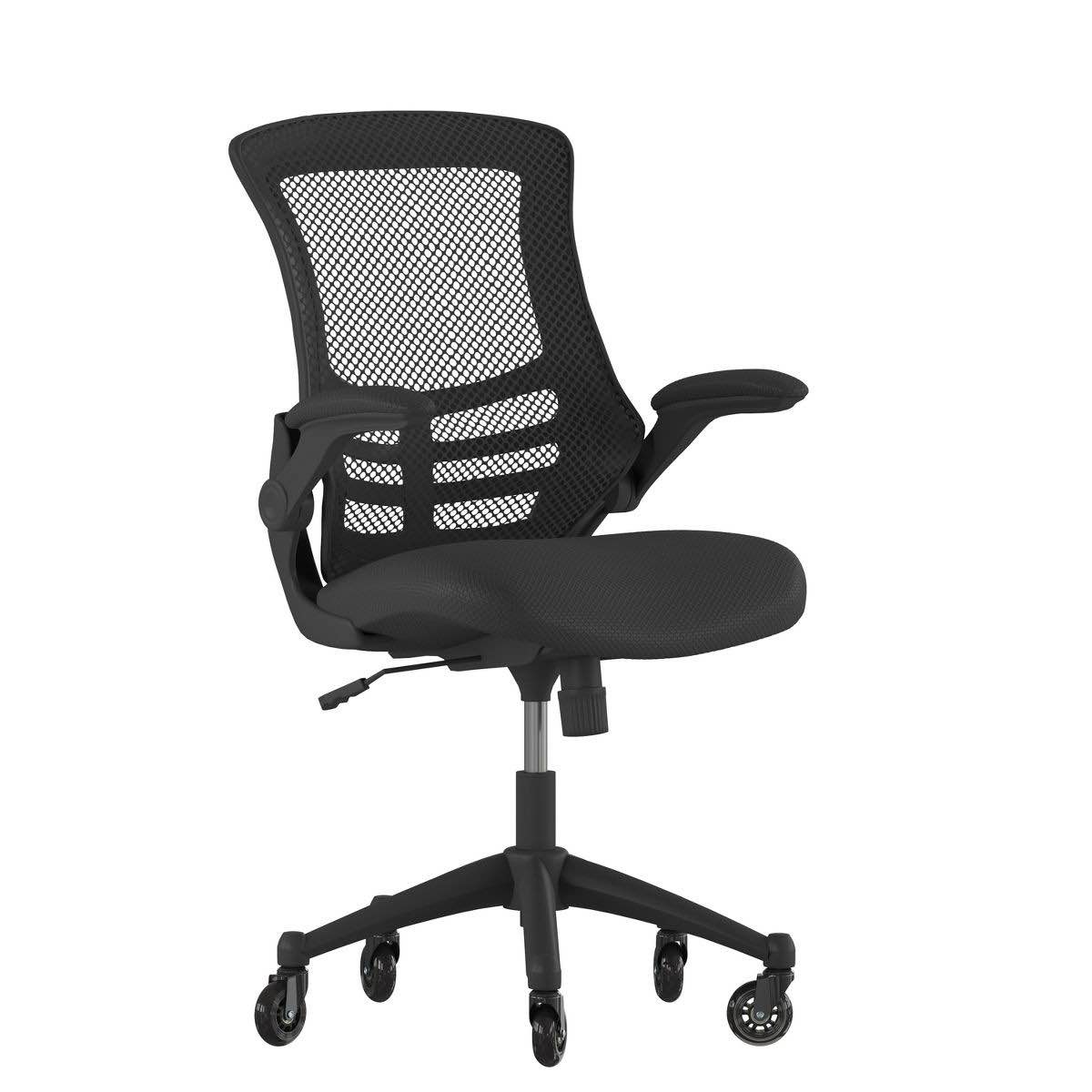 flash furniture kelista mid-back black mesh swivel ergonomic task office chair with flip-up arms and transparent roller wheels