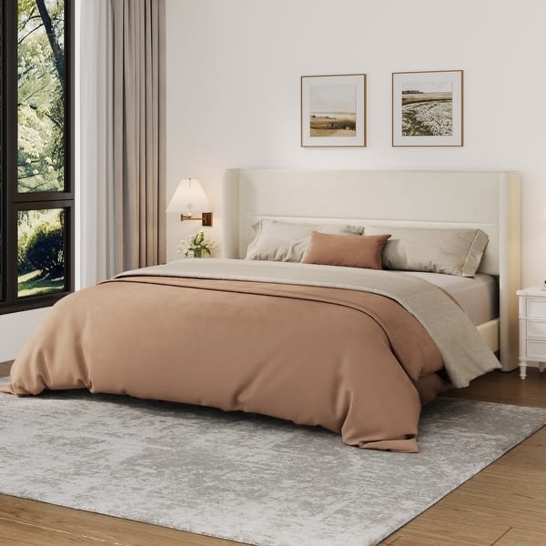 Size Bed Frame with Wingback Headboard, Velvet Upholstered Platform Bedframe - King - Off-White