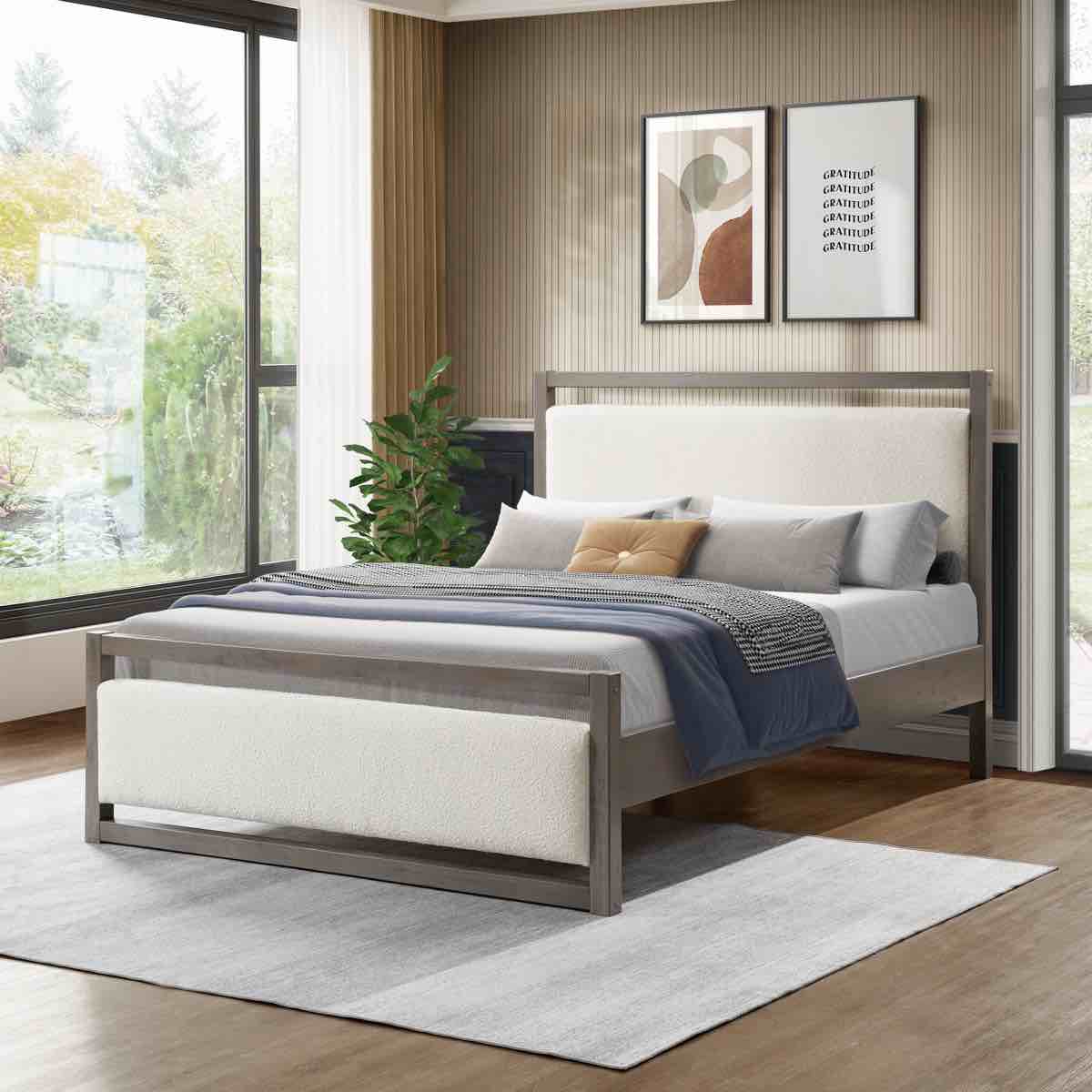 Queen Juniper Solid Wood Boucle Bed (Headboard and footboard only)