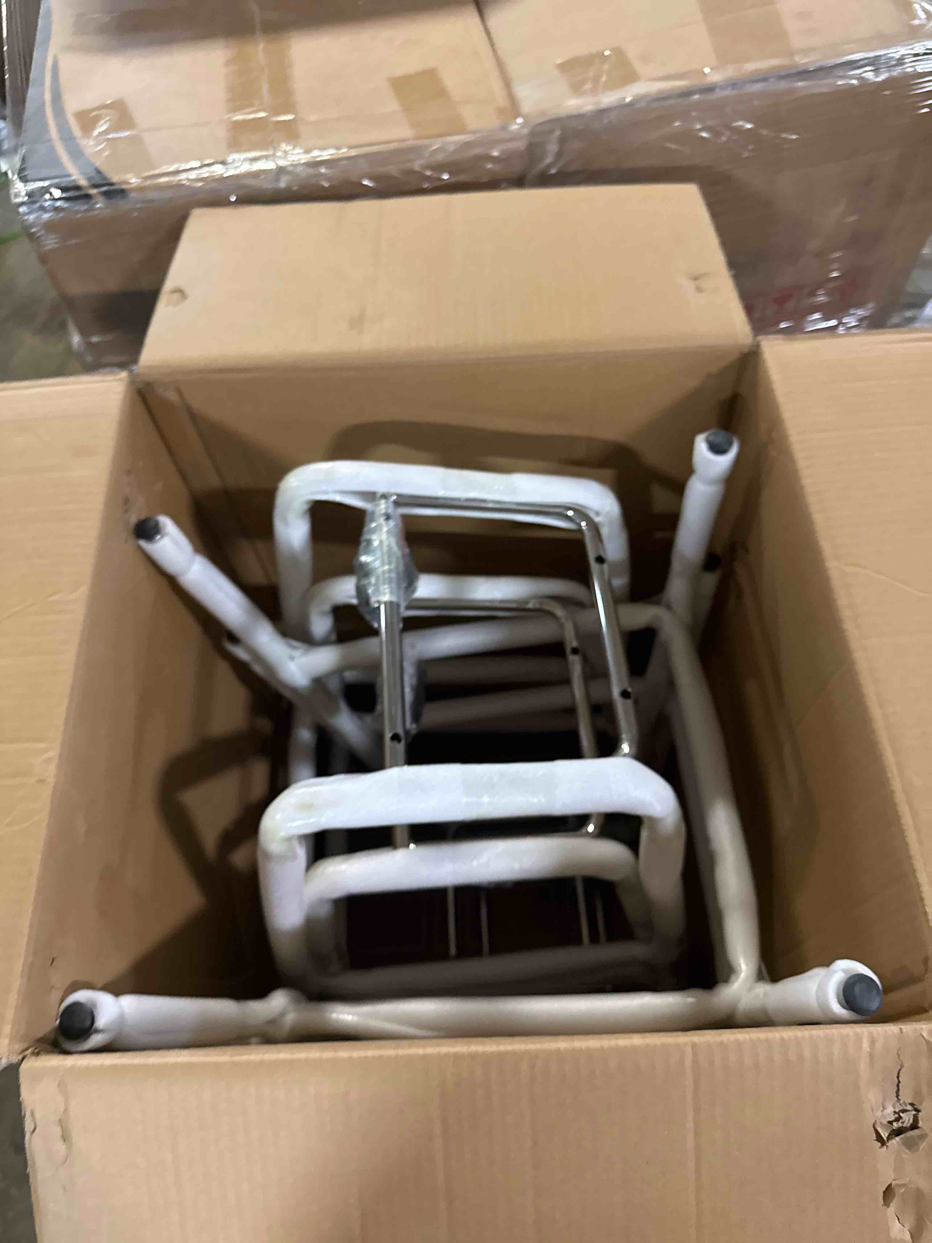 Condition photo showing As Is for hyfirm brown leather counter height bar stools set of 4, 26" modern armless stools with silver chrome metal legs & backrest, kitchen pub chairs (stool legs only)