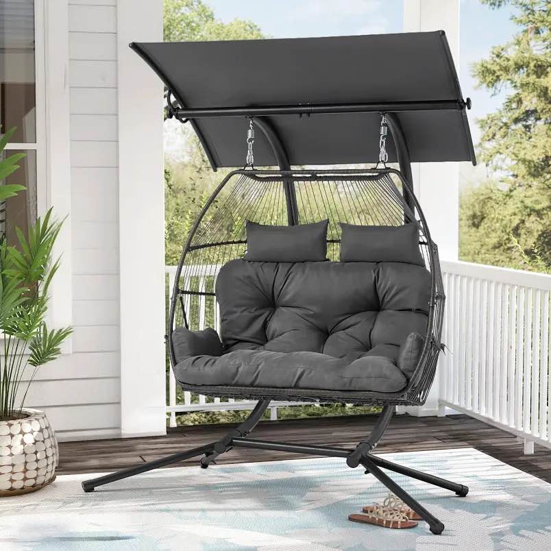 Double Egg Chair with Stand/Adjustable Canopy Patio Hammock Chair Hanging Swing