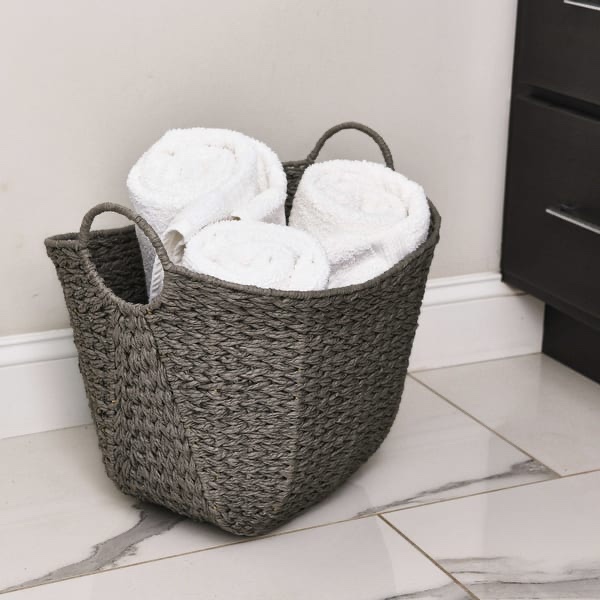 household essentials woven paper rope storage basket with handles - grey