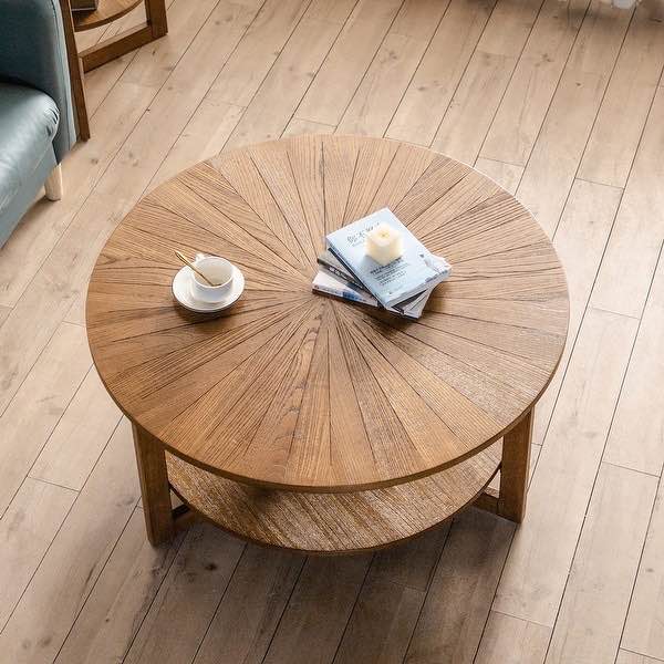 round wood coffee table for living room, 2 tier solid circle round coffee table with spacious storage, rustic wood