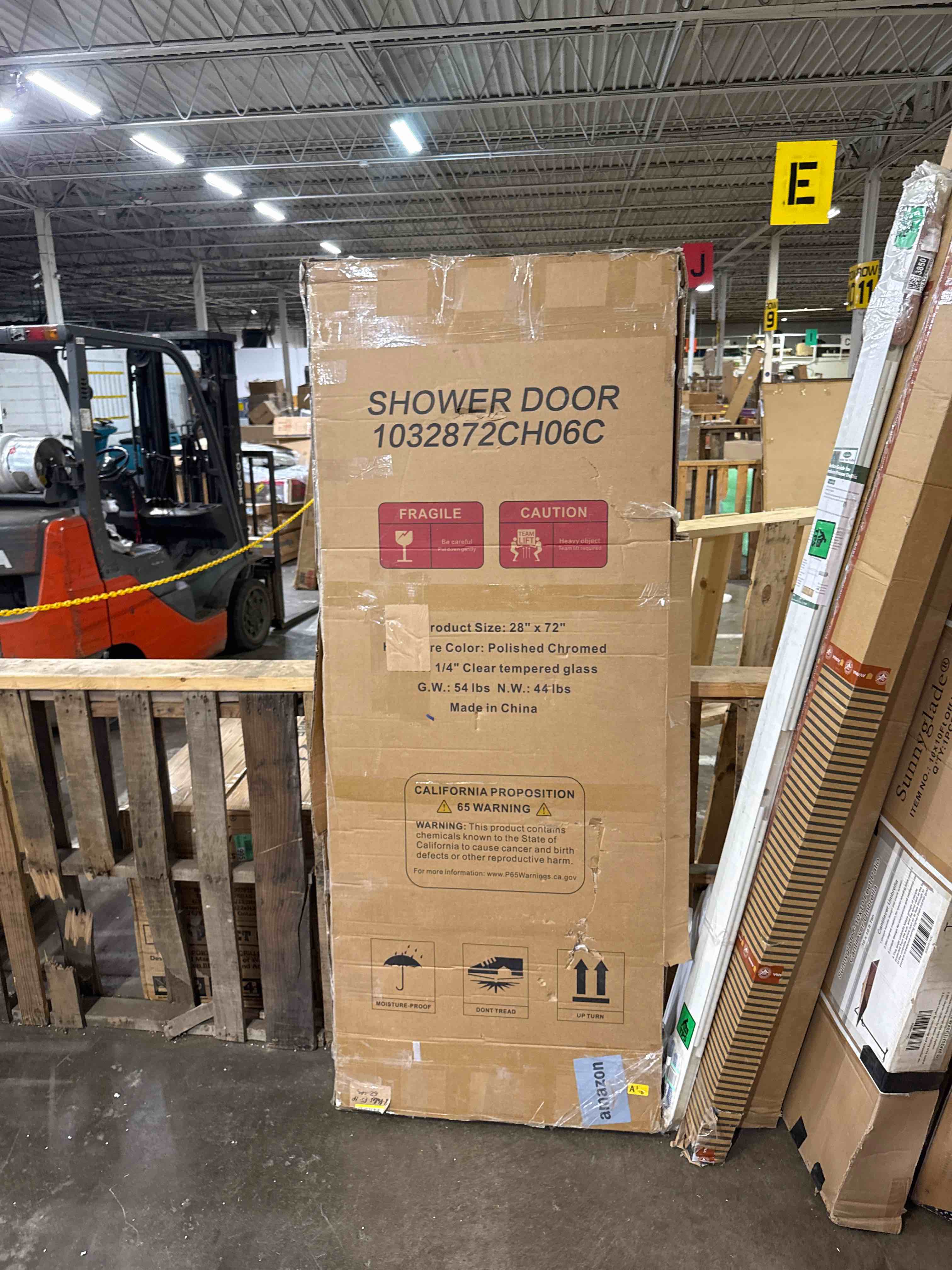 Condition photo showing As Is for 28-29.4" w x 72" h frameless pivot shower door, 1/4" (6mm) clear sgcc tempered glass shower door, pivot swing shower glass door in chrome finish, reversible installation chrome 28" x 72" pivot (previously open)