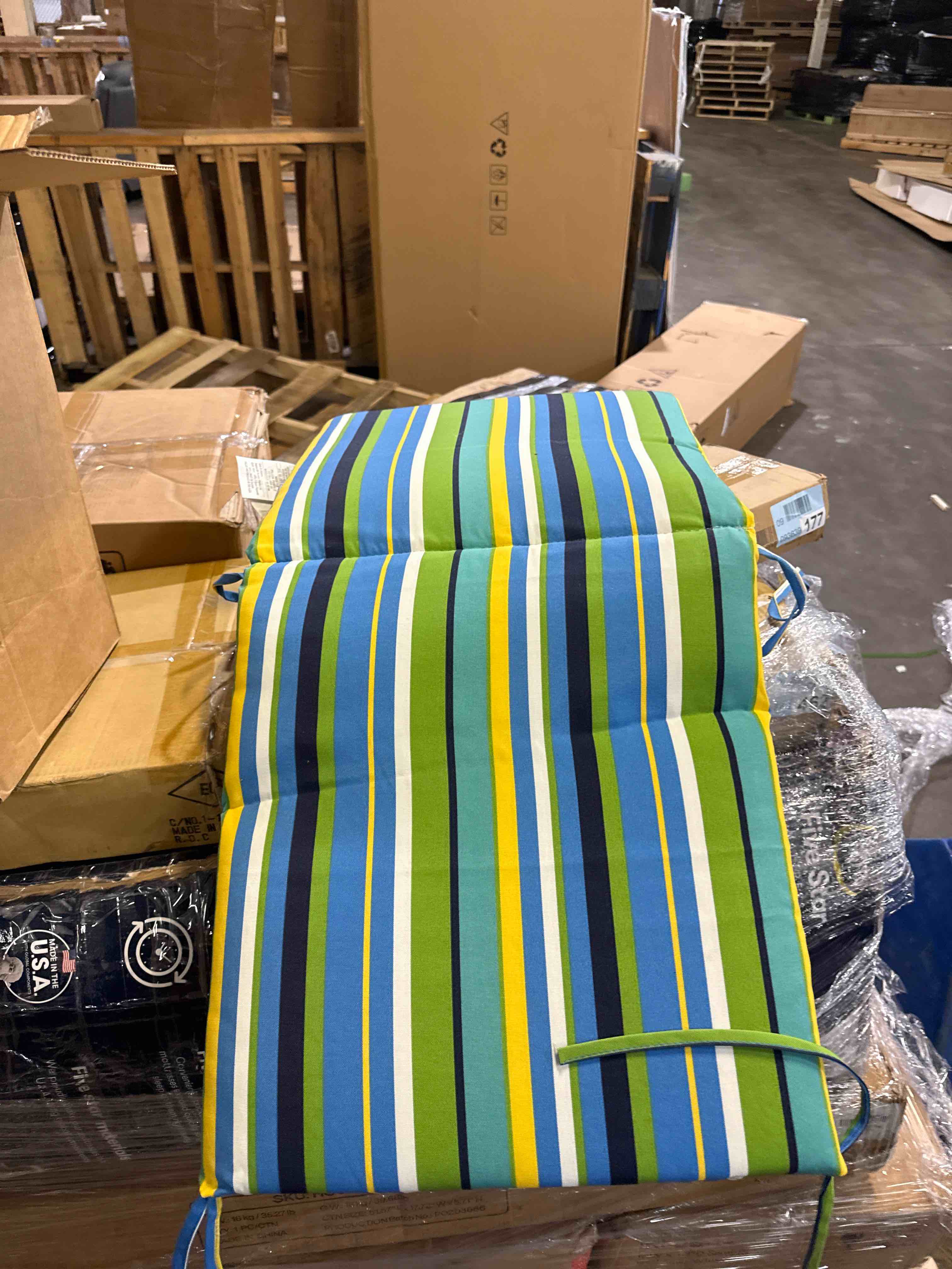 Condition photo showing As Is for barydat 4 pcs tufted high back chair cushion indoor outdoor seat and back cushions palm leaves tropical plants lawn rocking chair pads with ties for adirondack patio garden(only one pillow)