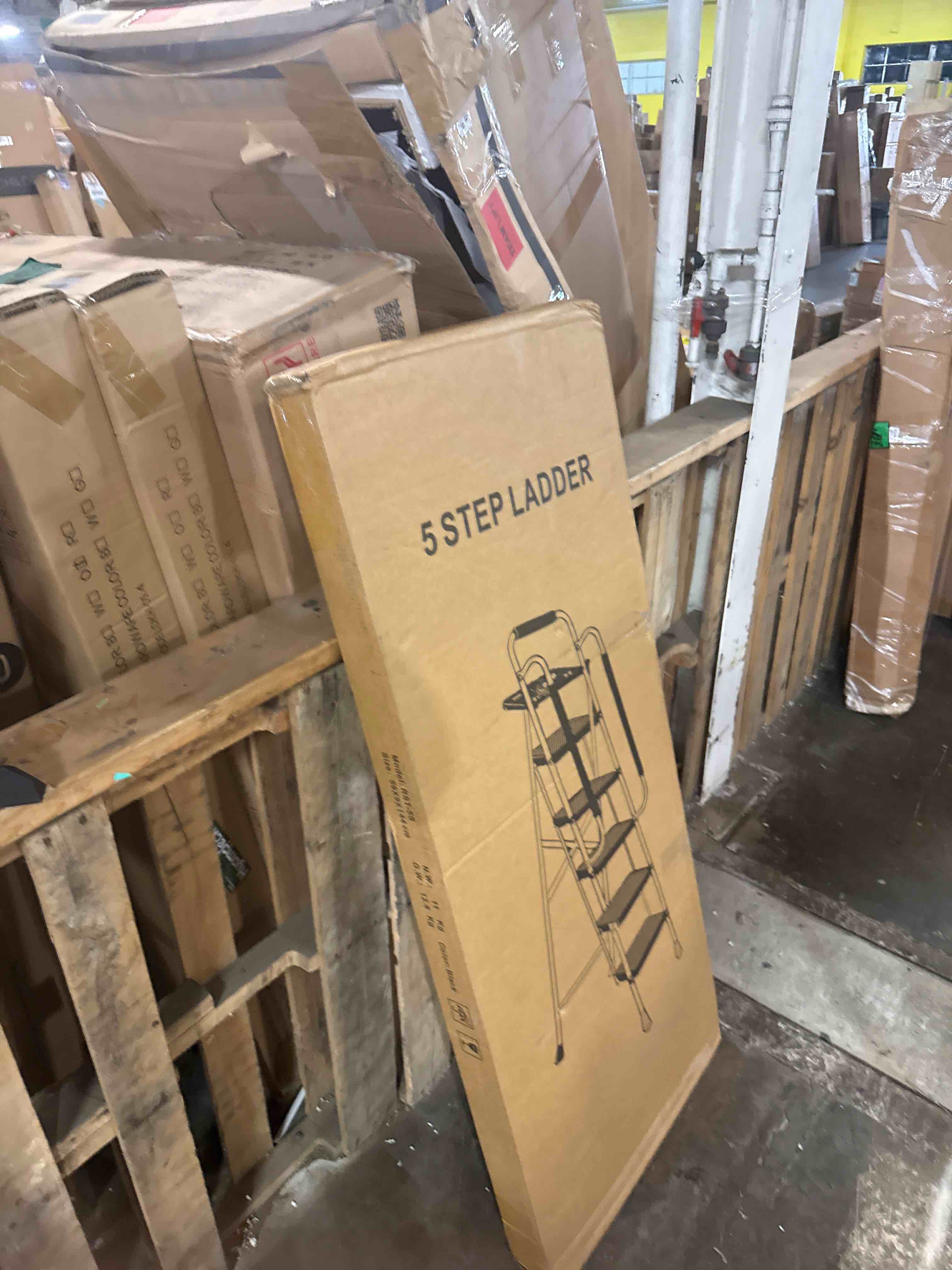 Condition photo showing New/Like New for 5 step ladder, folding step stool with wide anti-slip pedal, sturdy steel ladder 330 lbs load capacity, convenient handrail     