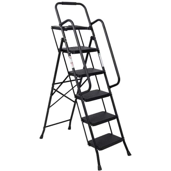 5 step ladder, folding step stool with wide anti-slip pedal, sturdy steel ladder 330 lbs load capacity, convenient handrail     