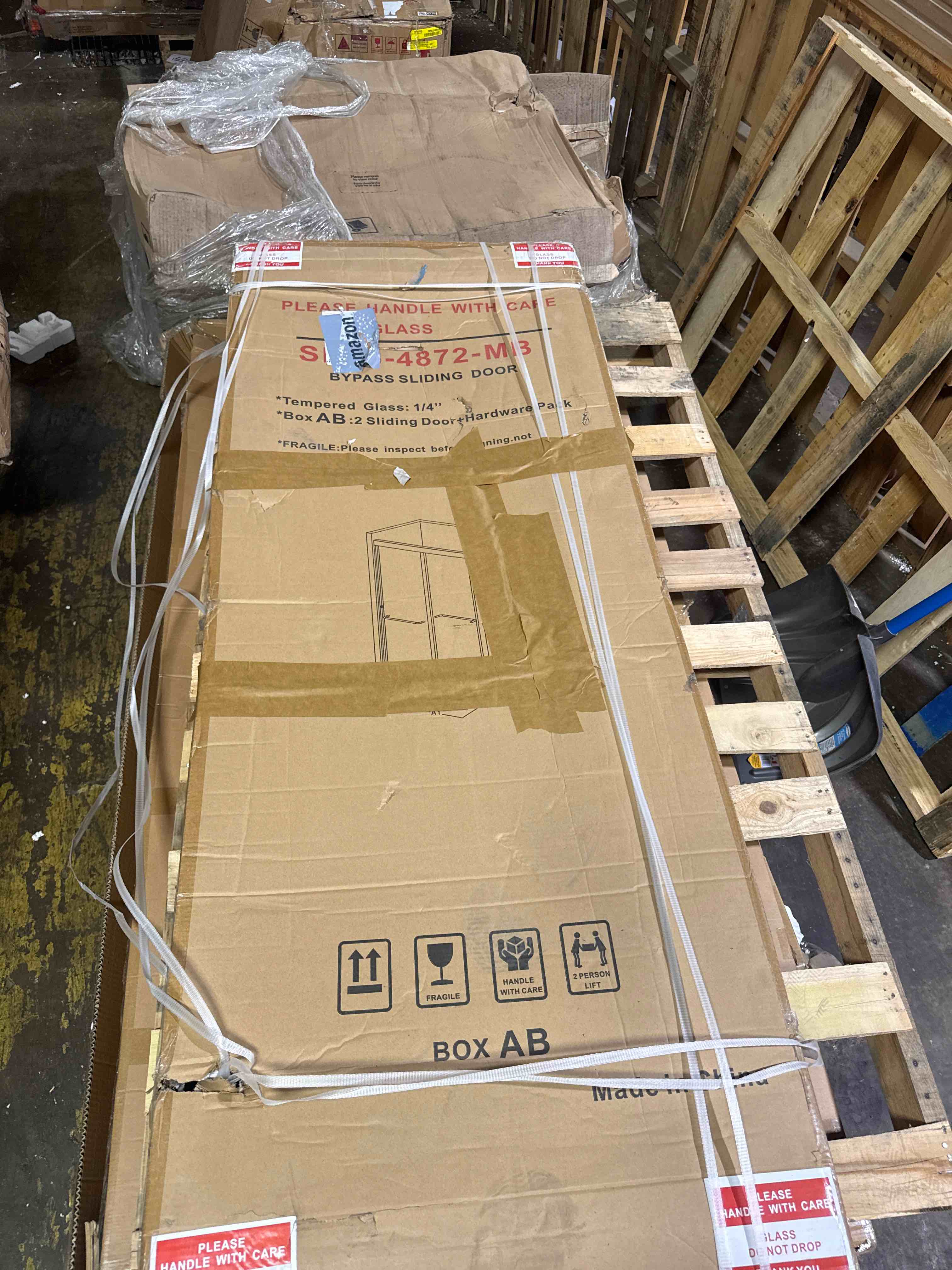 Condition photo showing As Is for gzmwon black bypass sliding shower door with 1/4" tempered glass 50''x70'' (incomplete box a only)