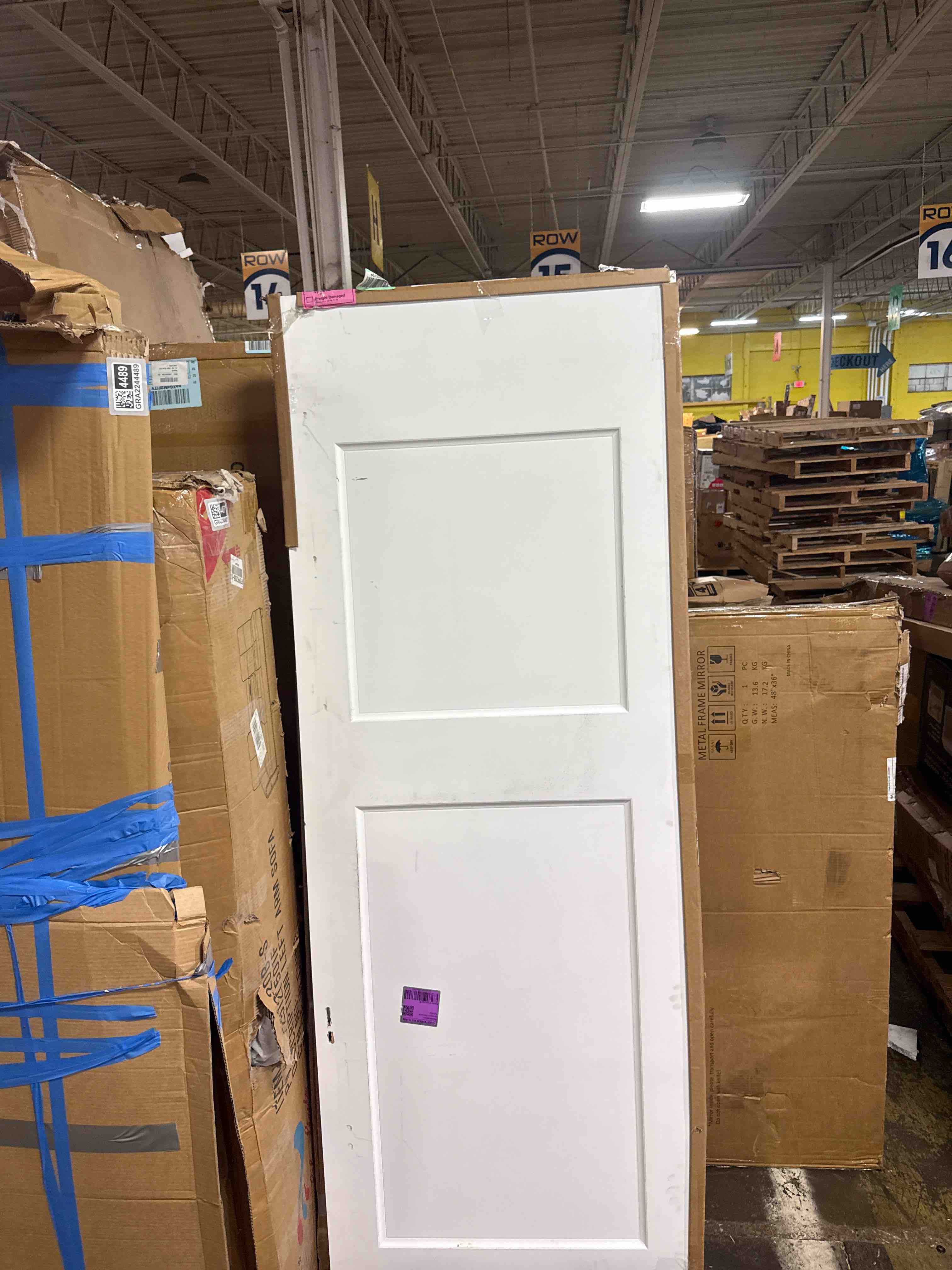 Condition photo showing As Is for jubest 30"x80" 2-panel shaker style white primed hollow core interior molded door slab, pre-assembled interior door for pantry, laundry, closet as prehung, bypass, pocket door, not included hardware 30x80 inch (damage to door) 