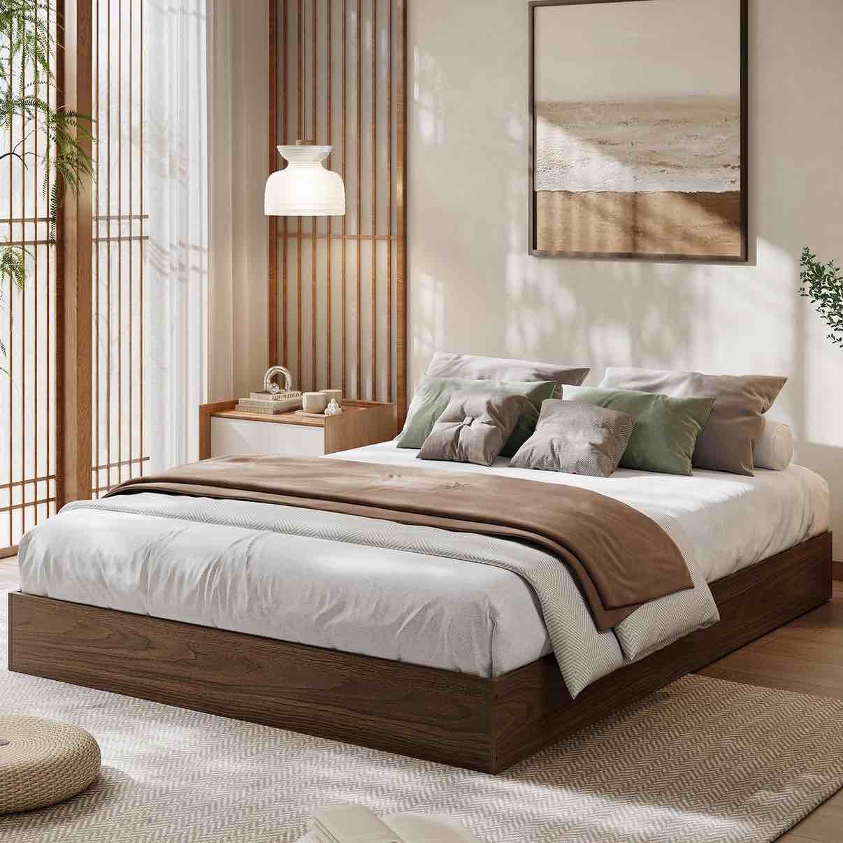 garvee queen size wood platform bed frame walnut, no headboard, wood slat support, modern minimalist, easy assembly