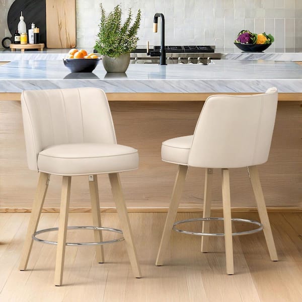 paul 26 in. ivory white modern faux leather 360° swivel high back barstool solid wood counter height stool (set of 2)
