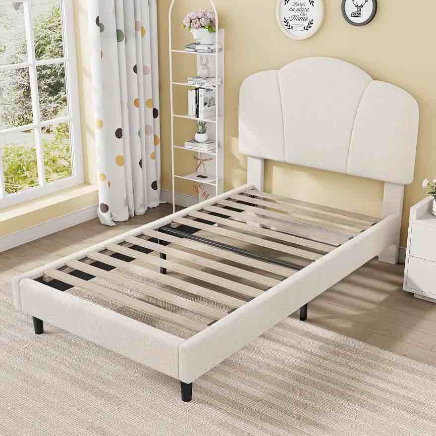 Condition photo showing Good Condition for likimio twin size bed frame upholstered twin platform bed with headboard lamb velvet