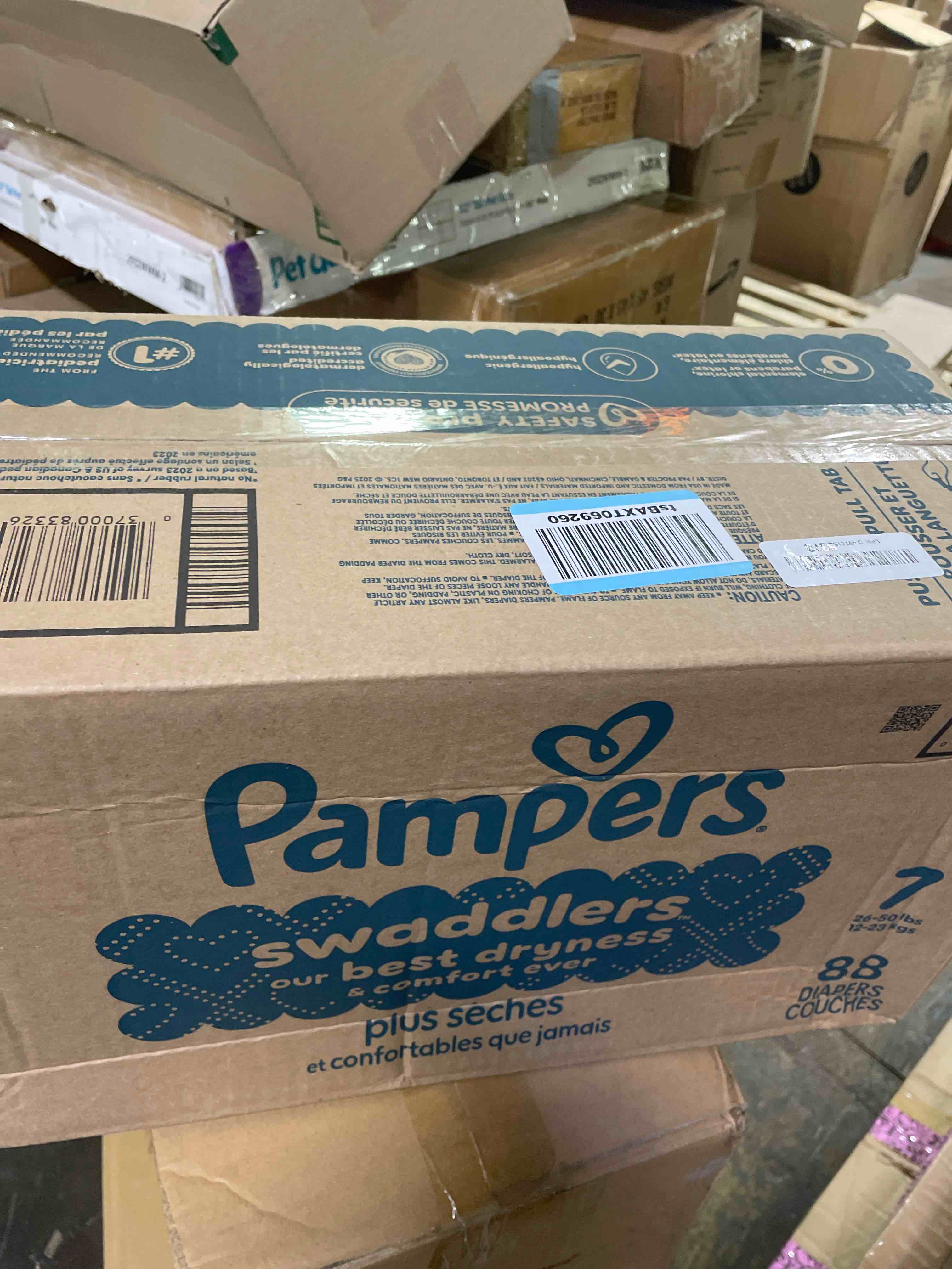 Condition photo showing New/Like New for pampers swaddlers diapers, size 7 (26-50 lbs), 88 count, absorbent, keeps baby dry and comfortable, skin safe disposable baby diaper (packaging may vary) size 7 88