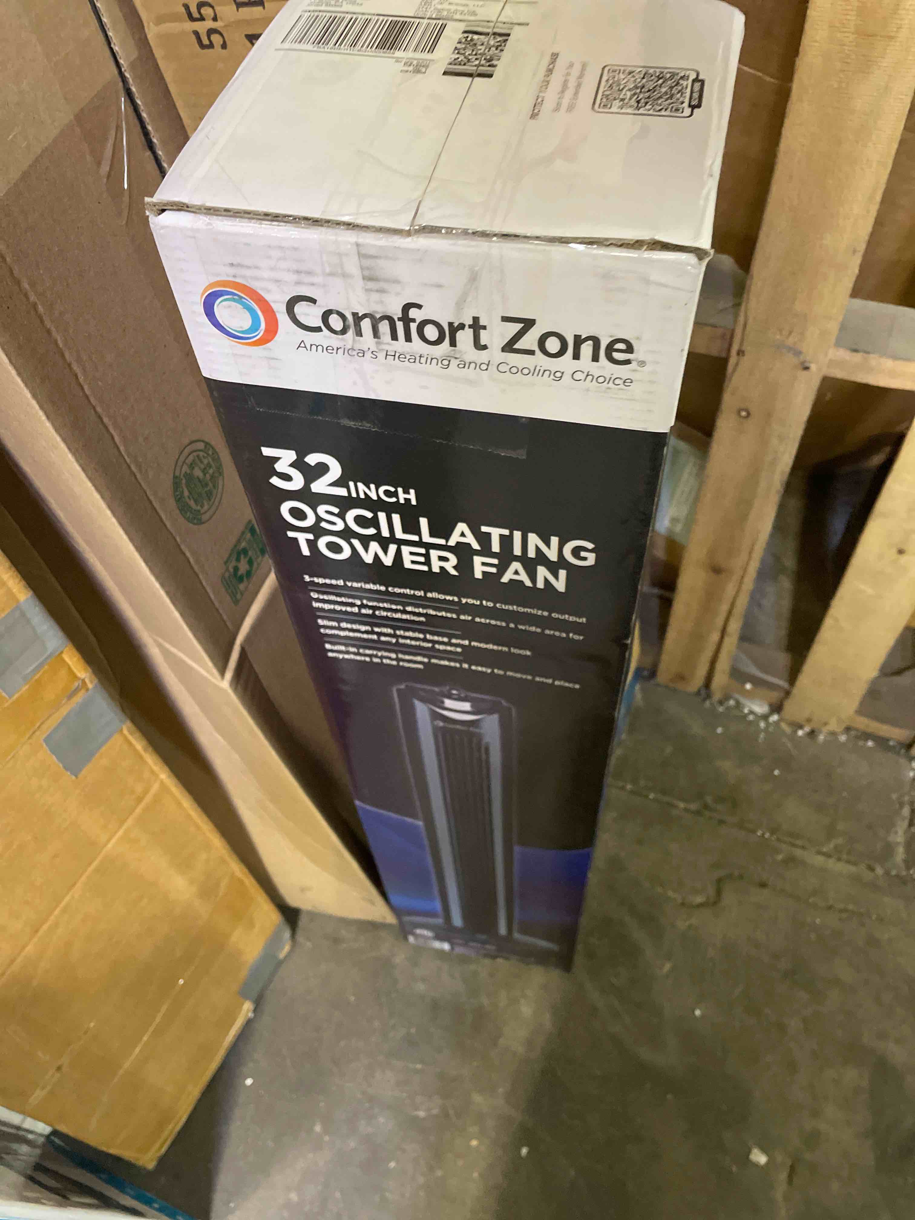 Condition photo showing New/Like New for comfort zone 32-inch oscillating tower fan – ultra-slim bladeless design with 3 speeds, 90° wide oscillation & built-in carry handle – quiet portable standing fan for bedroom, home, or office, black