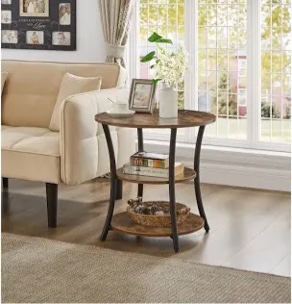 Round End/Side Table with 3 - Tier Storage Shelves, Built - In Charging