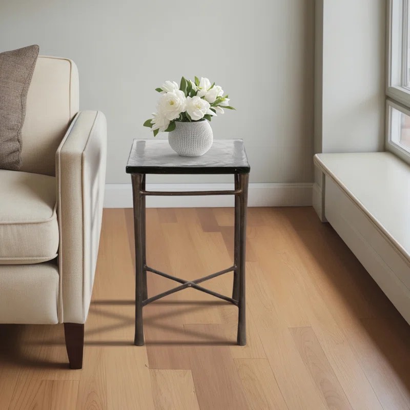 Accent Table Metal Glass Aluminum Contemporary Square Design for Modern Home Office Bedroom Living Room Decor - 23" Bronze, Copper, Metallic