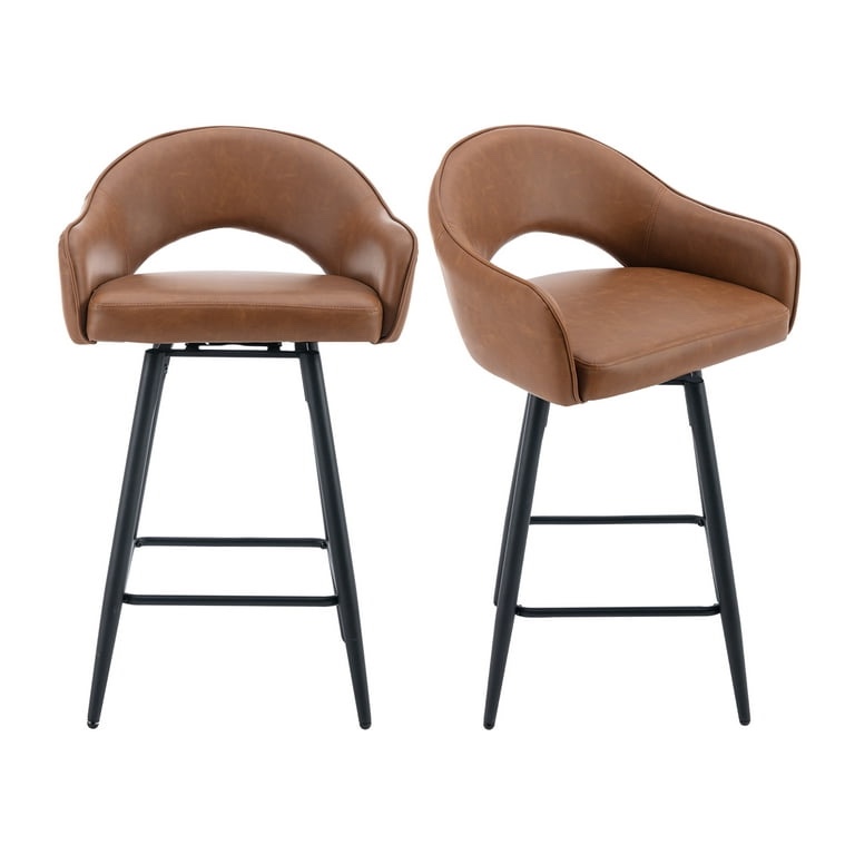 Guyou 26" Swivel Bar Stool Set of 2, Modern Faux Leather Upholstered Counter Height Stool with Back and Metal Legs for Kitchen Island Bar Bistro Restaurant, Brown