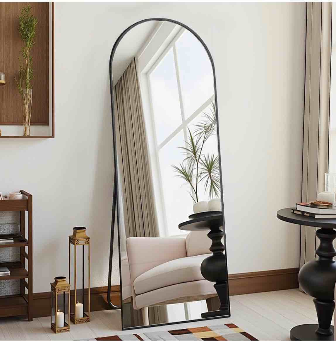 DMWOODFL 58"x18" Arched Full Length Mirror - Wall/Floor Mounted with Stand, Shatter-Proof Glass & Al