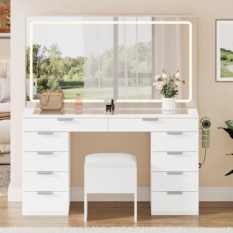 YITAHOME Vanity Set with LED Mirror, 10 Drawers, Stool Included 