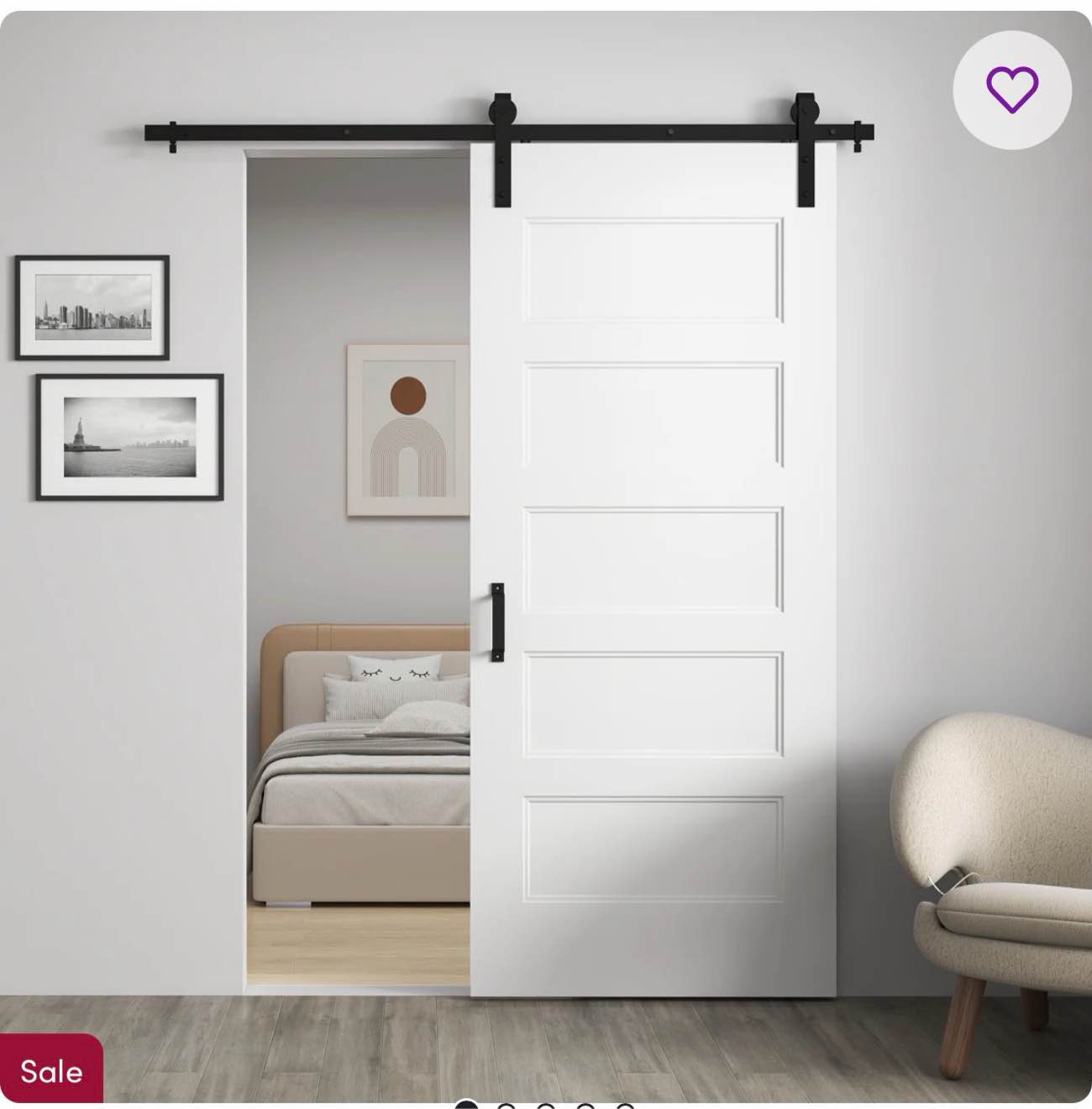 36"x84" 5-panel white primed hollow core sliding barn door with installation hardware kit (door pre-assembled